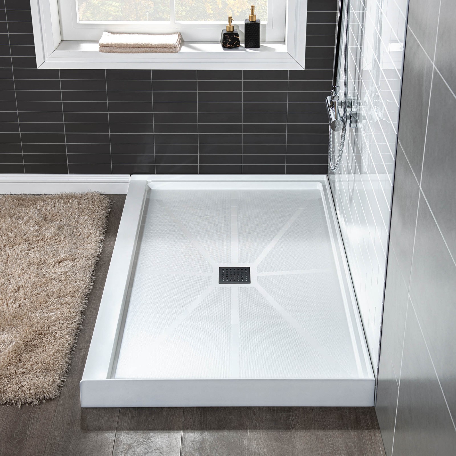  WOODBRIDGE SBR4836-1000C-MB SolidSurface Shower Base with Recessed Trench Side Including Matte Black Linear Cover, 48
