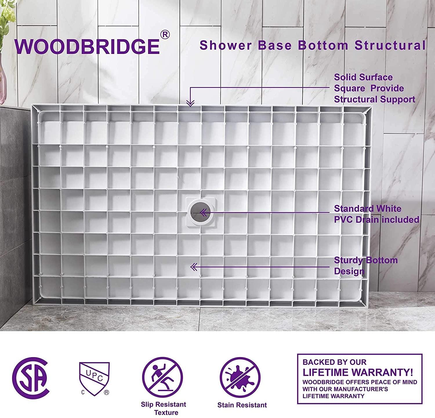  WOODBRIDGE SBR4836-1000C-MB SolidSurface Shower Base with Recessed Trench Side Including Matte Black Linear Cover, 48