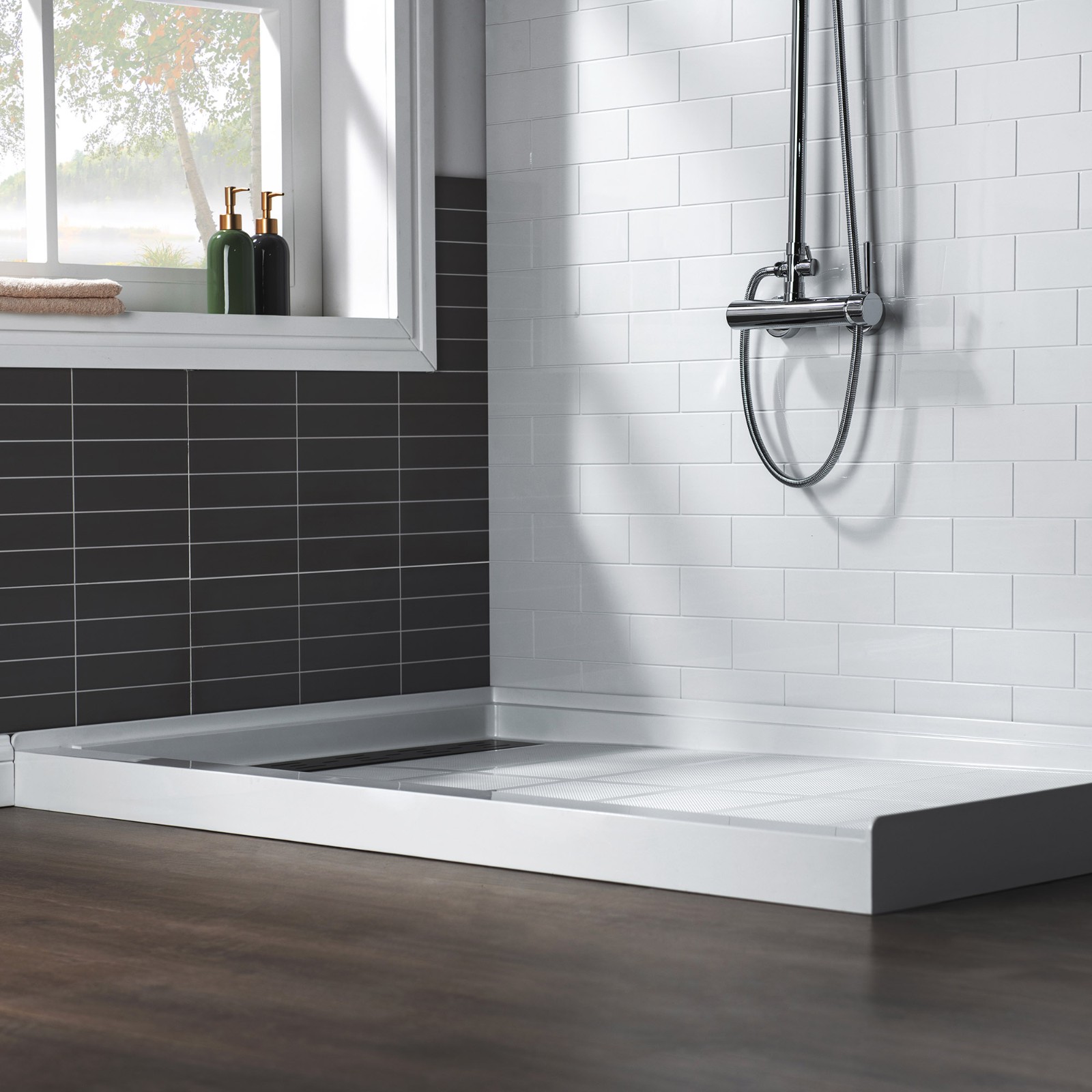 WOODBRIDGE SBR4836-1000L-MB SolidSurface Shower Base with Recessed Trench Side Including Matte Black Linear Cover, 48