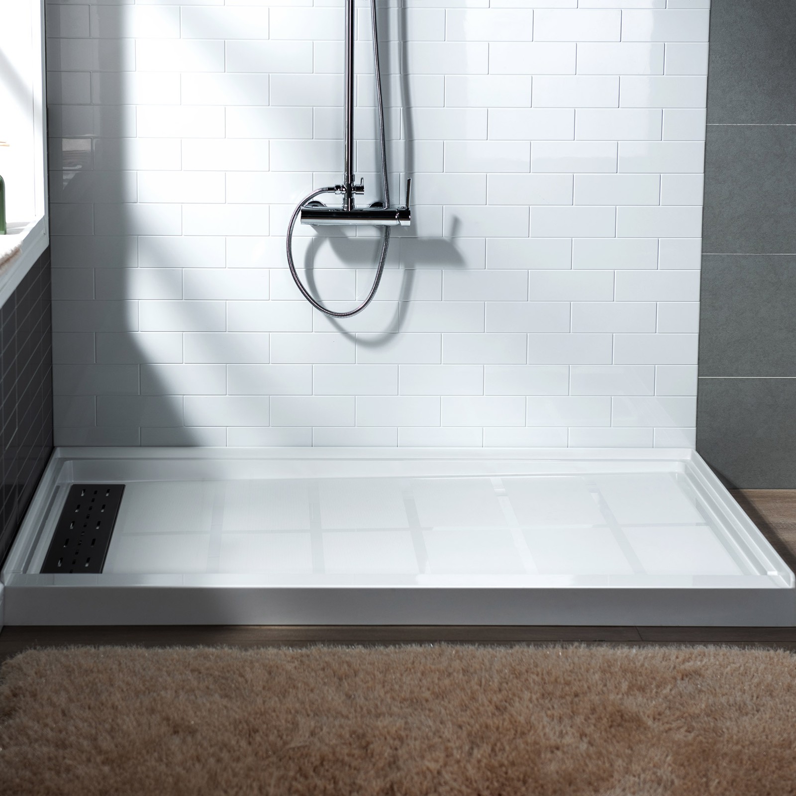  WOODBRIDGE SBR4836-1000L-MB SolidSurface Shower Base with Recessed Trench Side Including Matte Black Linear Cover, 48