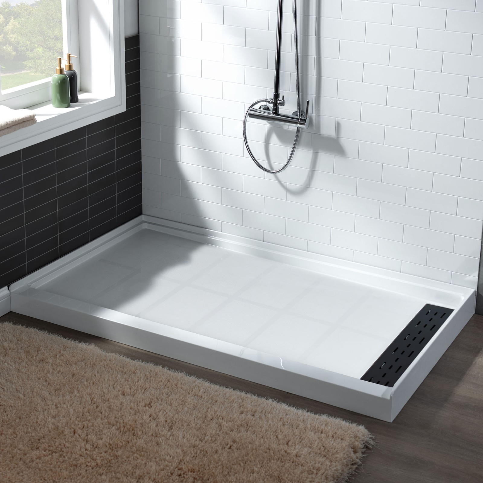  WOODBRIDGE SBR4836-1000R-MB SolidSurface Shower Base with Recessed Trench Side Including Matte Black Linear Cover, 48