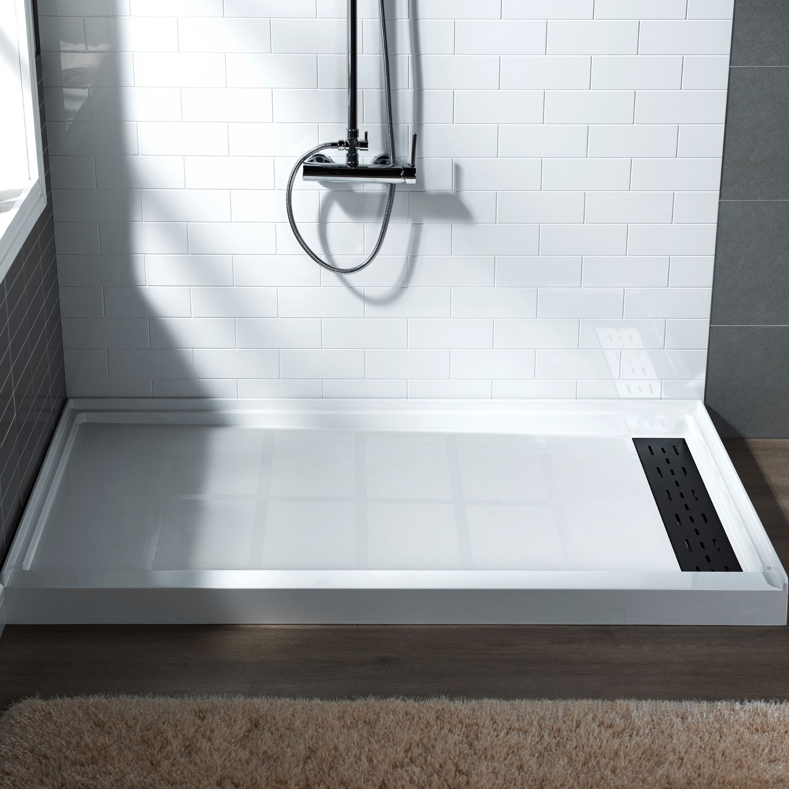  WOODBRIDGE SBR4836-1000R-MB SolidSurface Shower Base with Recessed Trench Side Including Matte Black Linear Cover, 48