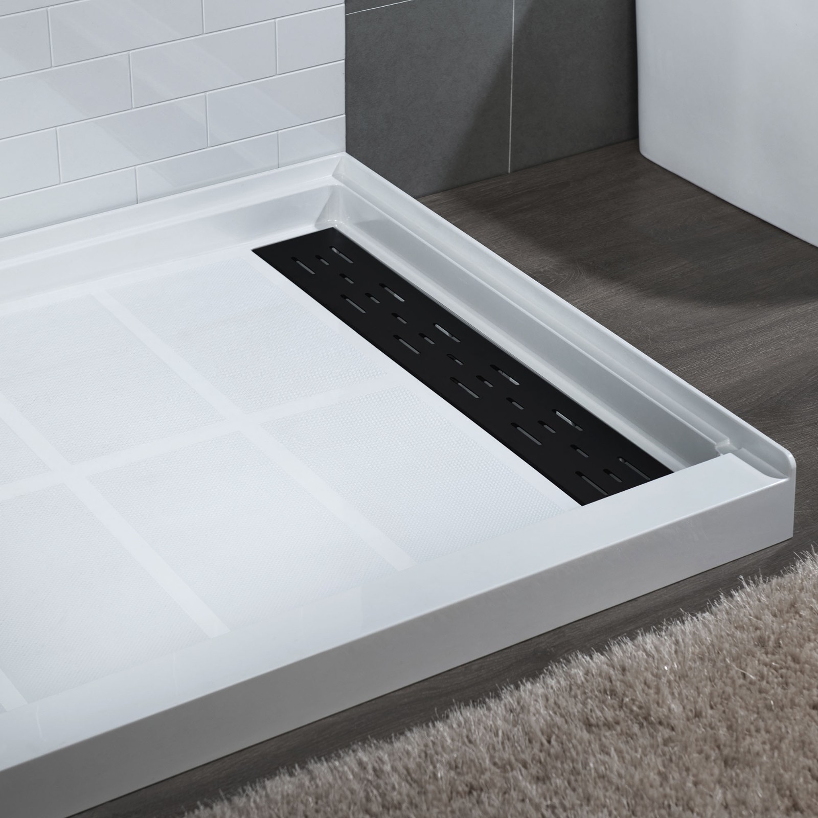  WOODBRIDGE SBR6030-1000R-MB SolidSurface Shower Base with Recessed Trench Side Including Matte Black Linear Cover, 60
