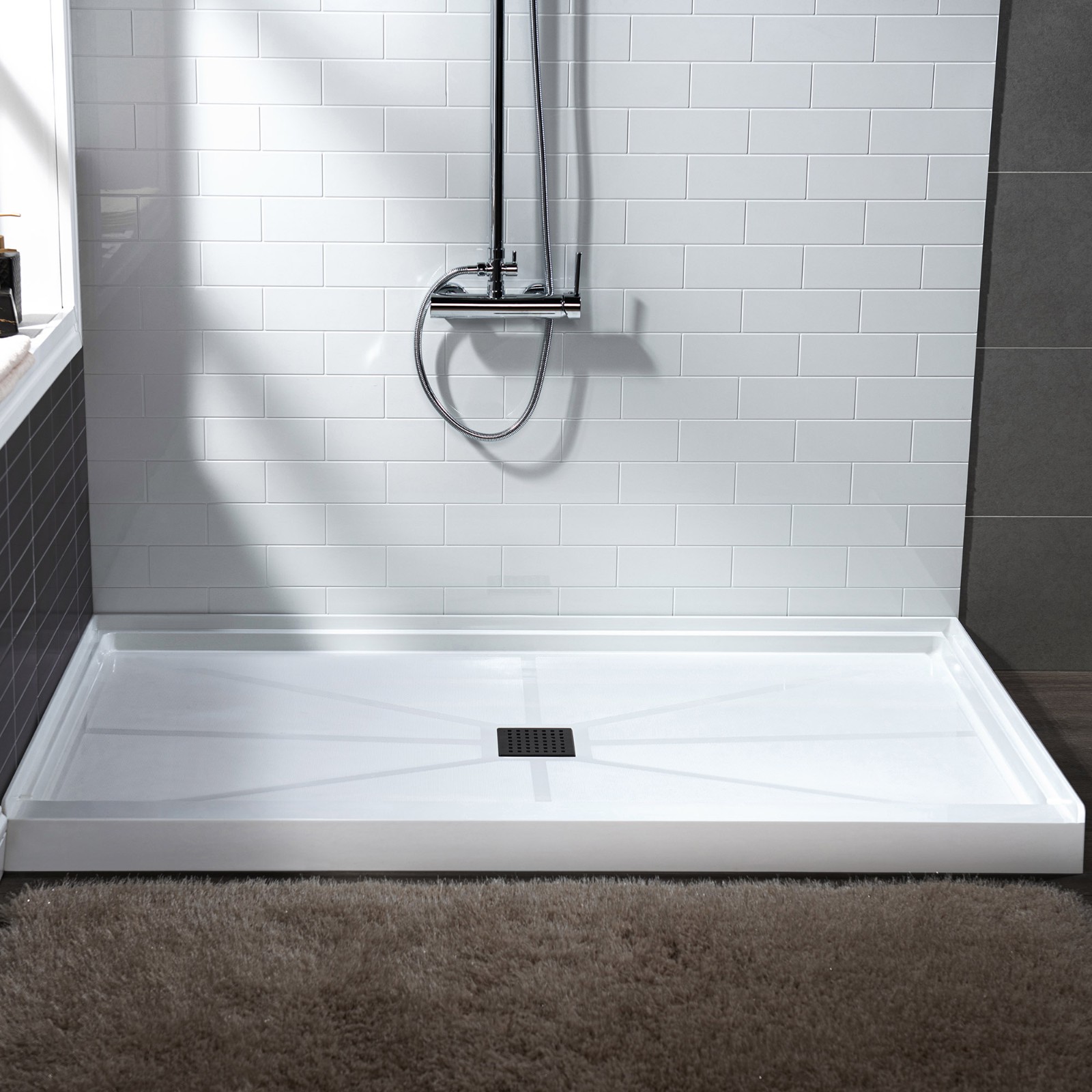  WOODBRIDGE SBR6034-1000C-MB SolidSurface Shower Base with Recessed Trench Side Including Matte Black Linear Cover, 60