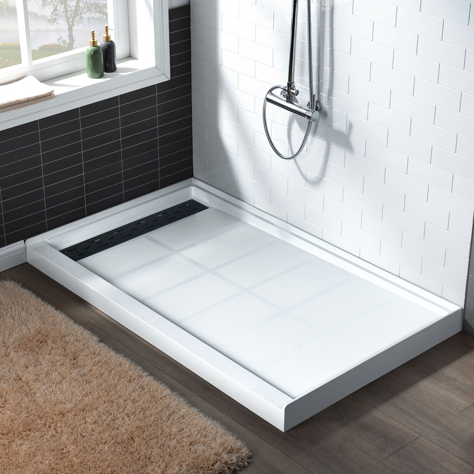  WOODBRIDGE SBR6032-1000L-MB SolidSurface Shower Base with Recessed Trench Side Including Matte Black Linear Cover, 60