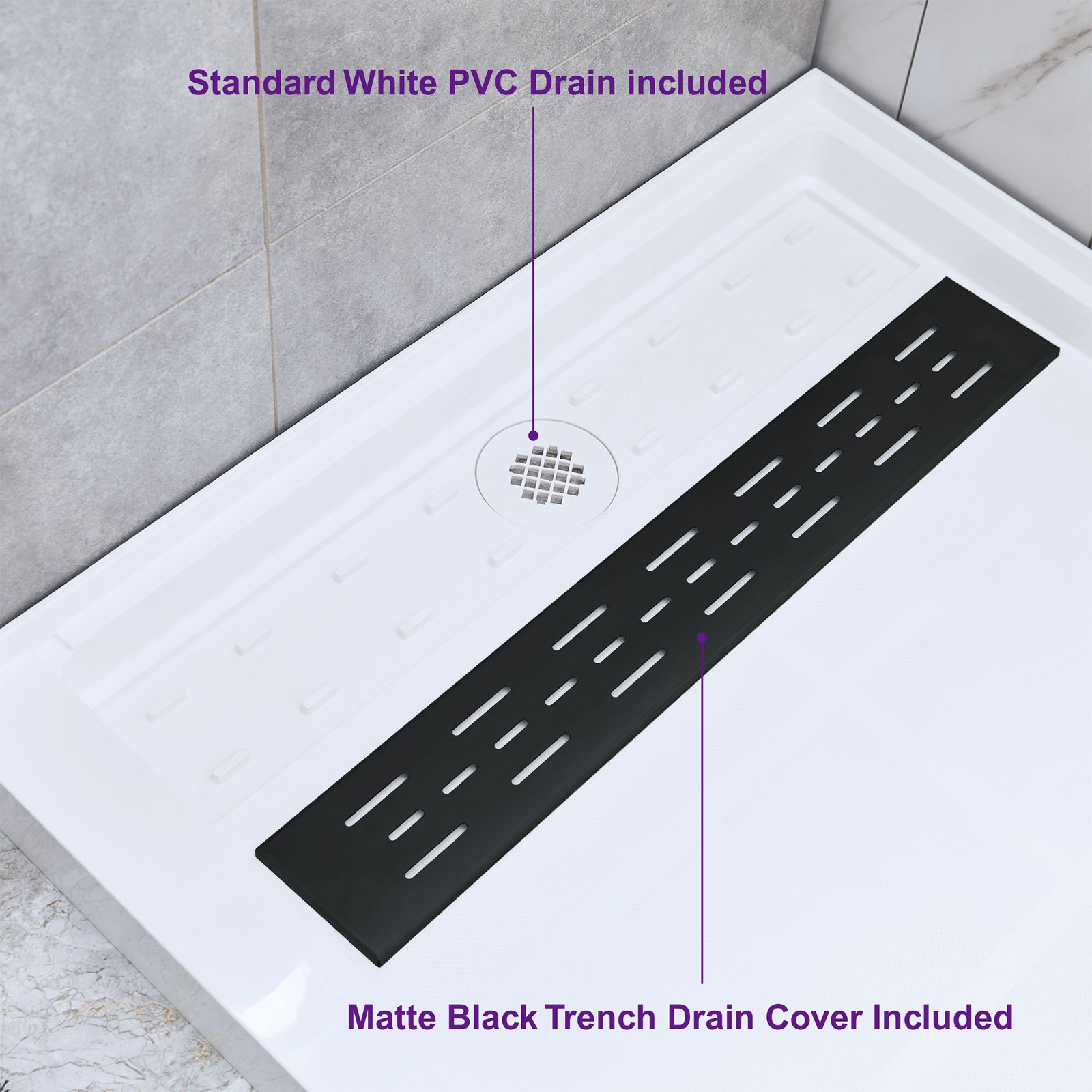  WOODBRIDGE SBR6034-1000L-MB SolidSurface Shower Base with Recessed Trench Side Including Matte Black Linear Cover, 60