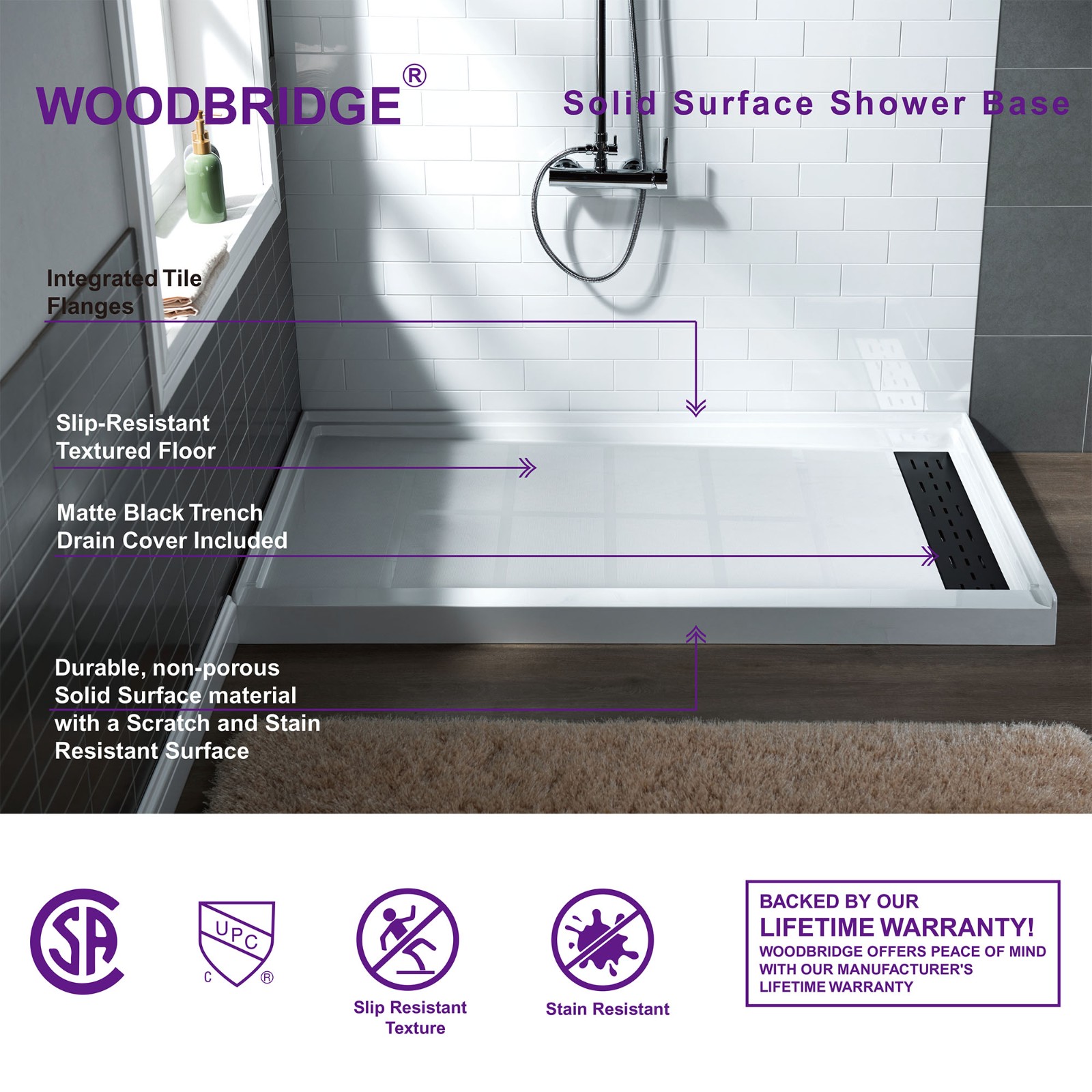  WOODBRIDGE SBR6036-1000R-MB SolidSurface Shower Base with Recessed Trench Side Including Matte Black Linear Cover, 60
