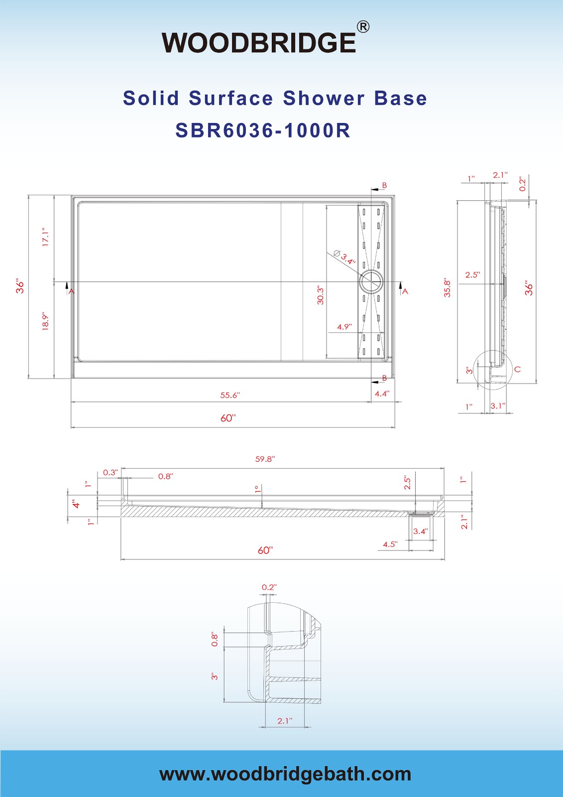  WOODBRIDGE SBR6036-1000R-MB SolidSurface Shower Base with Recessed Trench Side Including Matte Black Linear Cover, 60