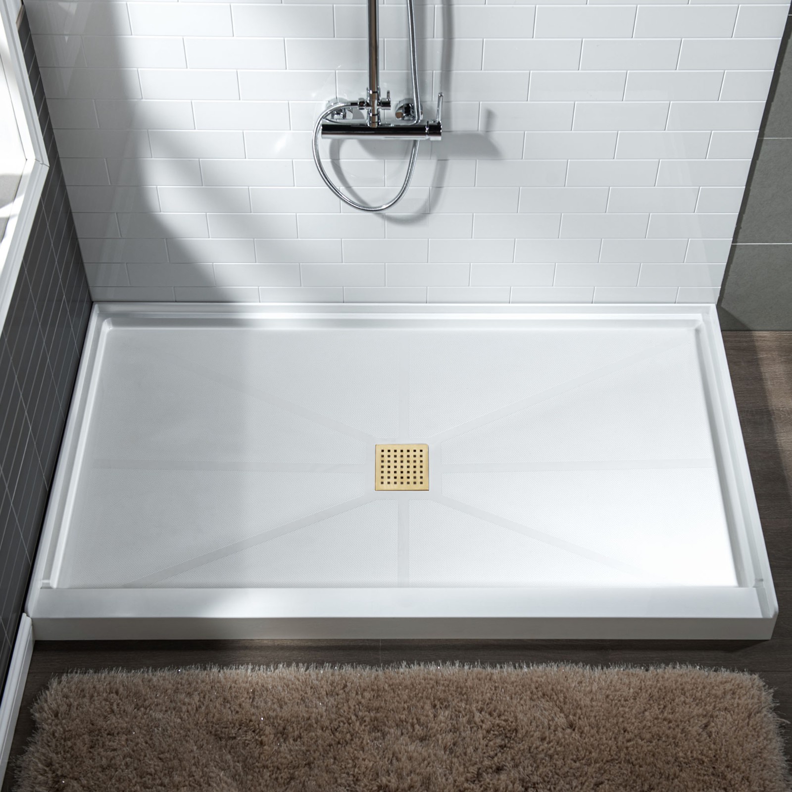  WOODBRIDGE SBR4832-1000C-BG SolidSurface Shower Base with Recessed Trench Side Including Brushed Gold Linear Cover, 48