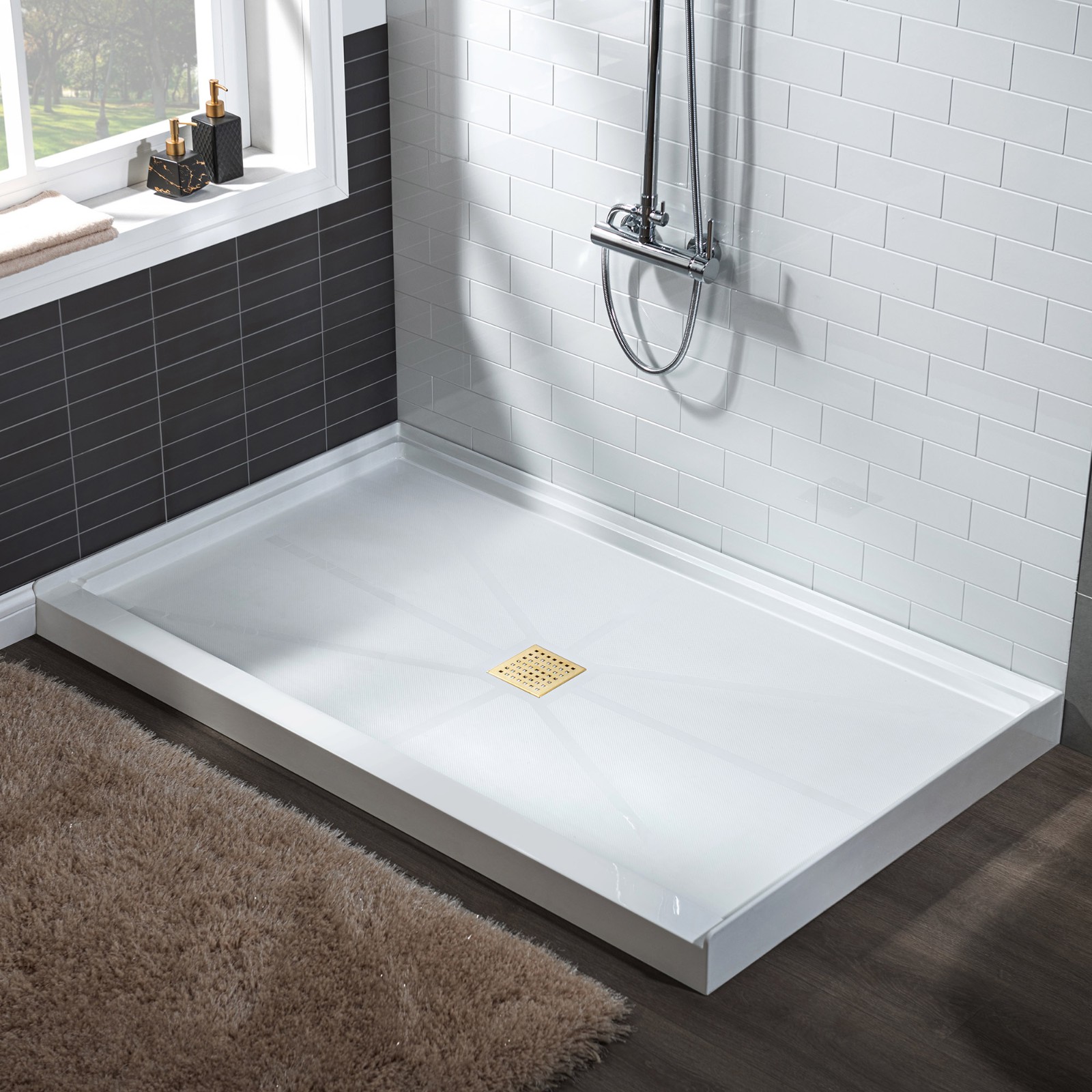  WOODBRIDGE SBR6032-1000C-BG SolidSurface Shower Base with Recessed Trench Side Including Brushed Gold Linear Cover, 60