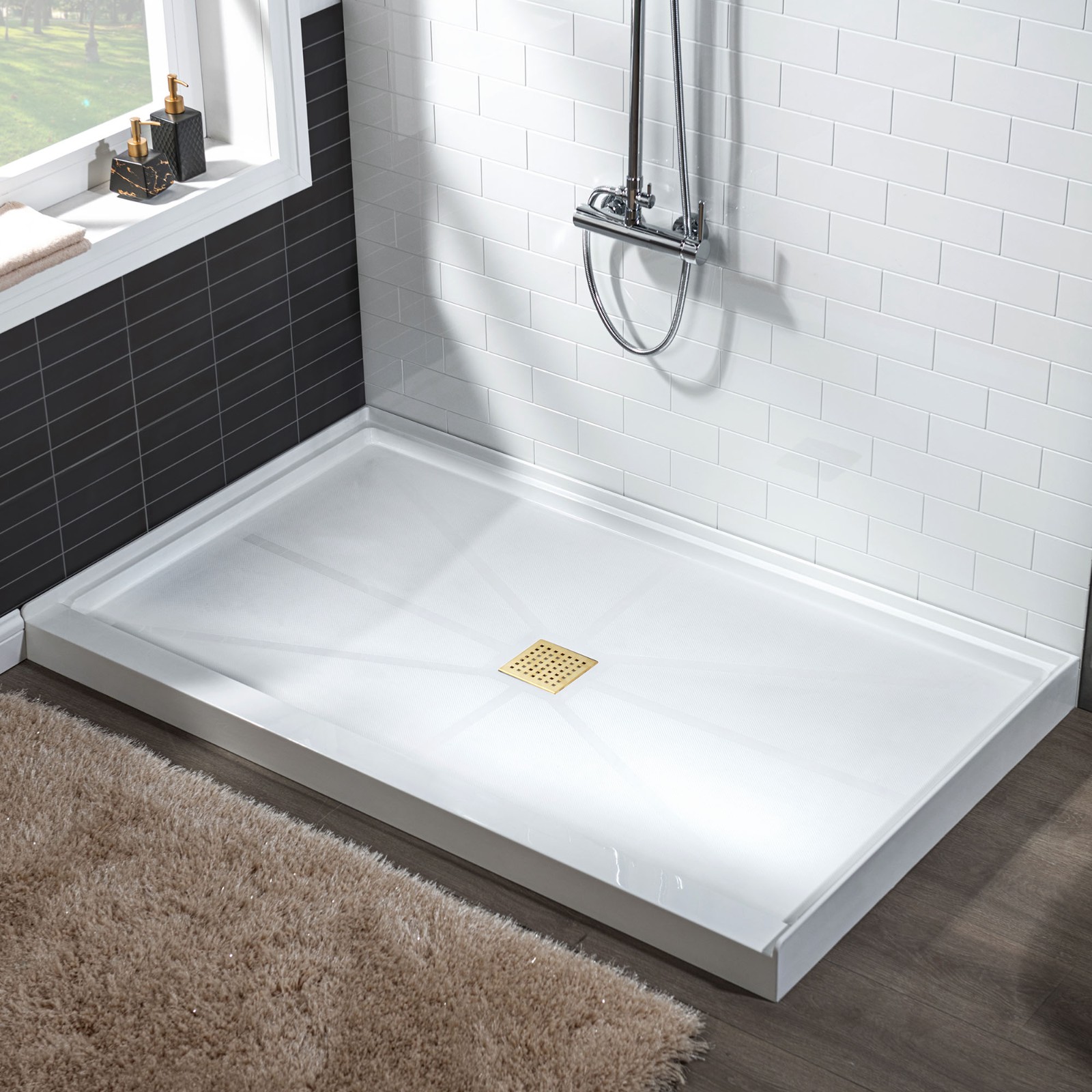  WOODBRIDGE SBR6030-1000C-BG SolidSurface Shower Base with Recessed Trench Side Including Brushed Gold Linear Cover, 60