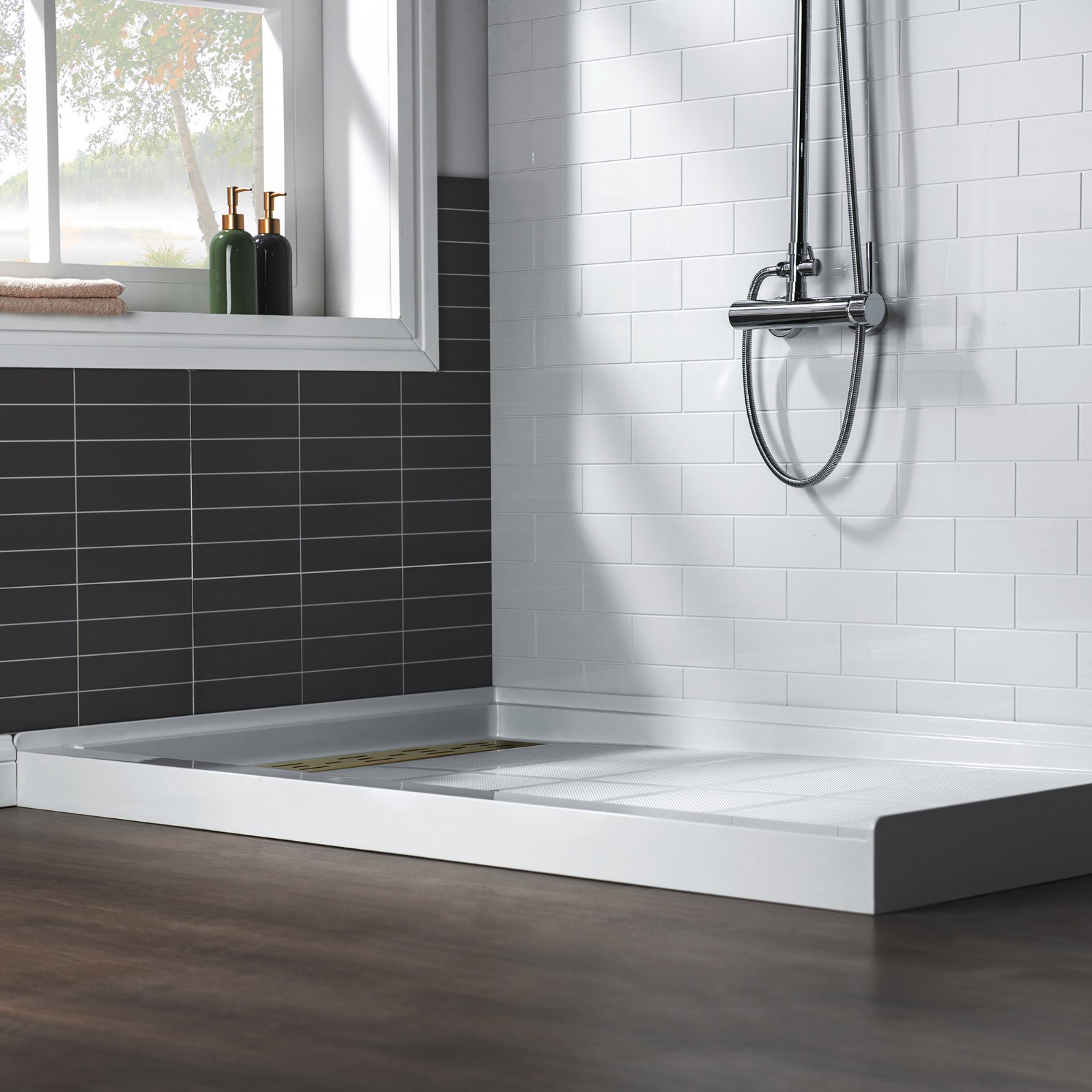  WOODBRIDGE SBR4832-1000L-BG SolidSurface Shower Base with Recessed Trench Side Including Brushed Gold Linear Cover, 48