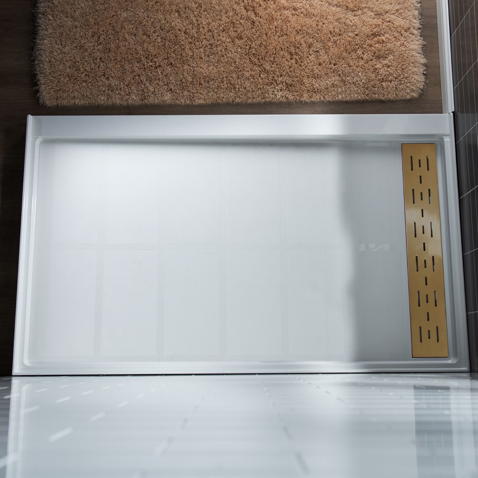  WOODBRIDGE SBR4832-1000R-BG SolidSurface Shower Base with Recessed Trench Side Including Brushed Gold Linear Cover, 48