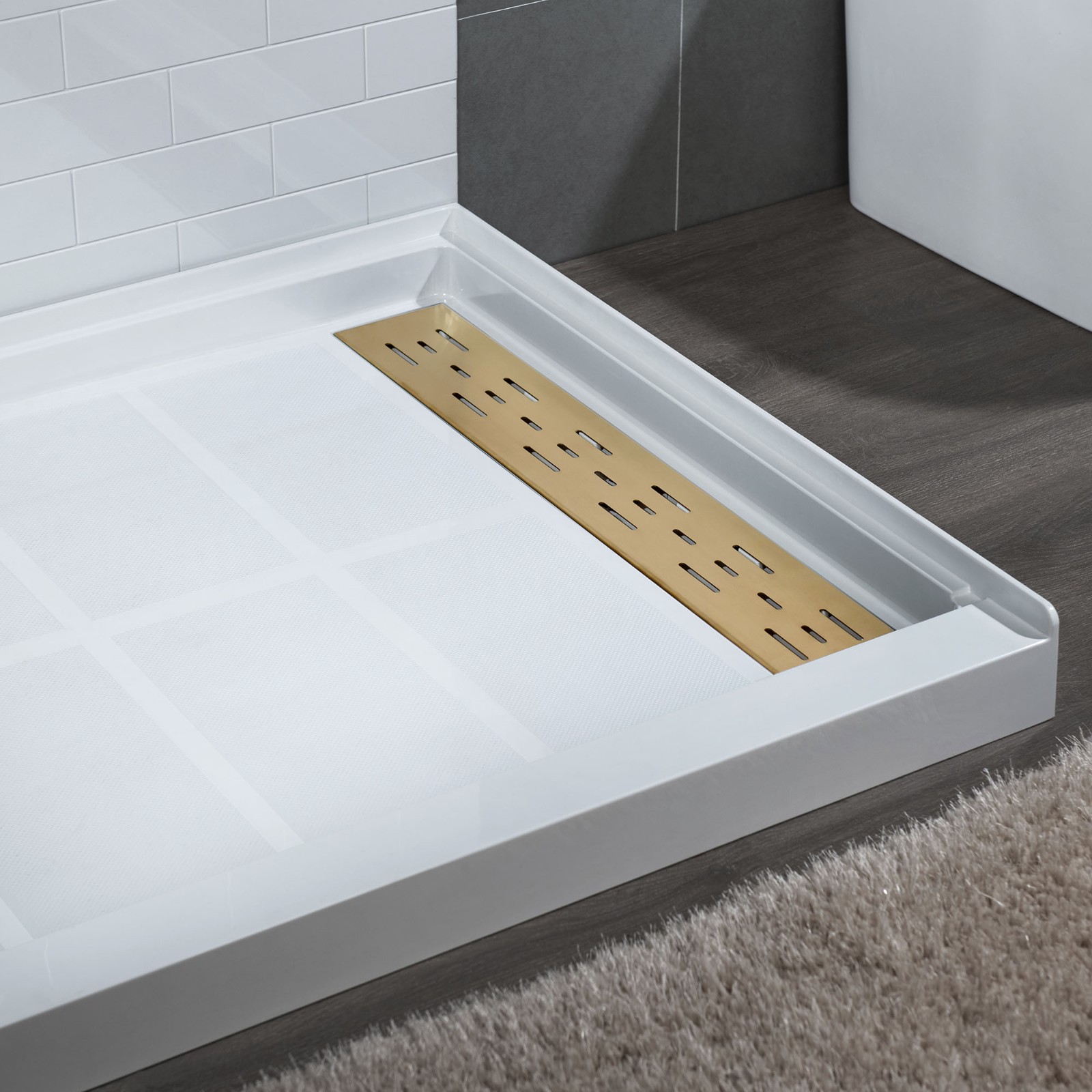  WOODBRIDGE SBR4832-1000R-BG SolidSurface Shower Base with Recessed Trench Side Including Brushed Gold Linear Cover, 48