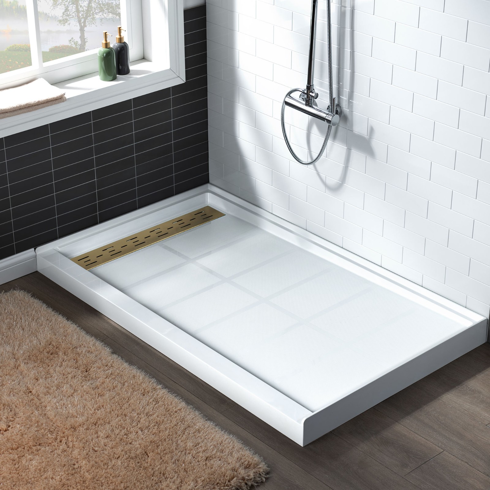  WOODBRIDGE SBR4836-1000L-BG SolidSurface Shower Base with Recessed Trench Side Including Brushed Gold Linear Cover, 48