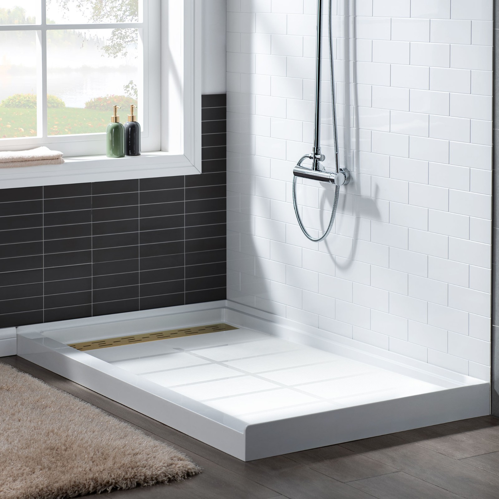  WOODBRIDGE SBR4836-1000L-BG SolidSurface Shower Base with Recessed Trench Side Including Brushed Gold Linear Cover, 48