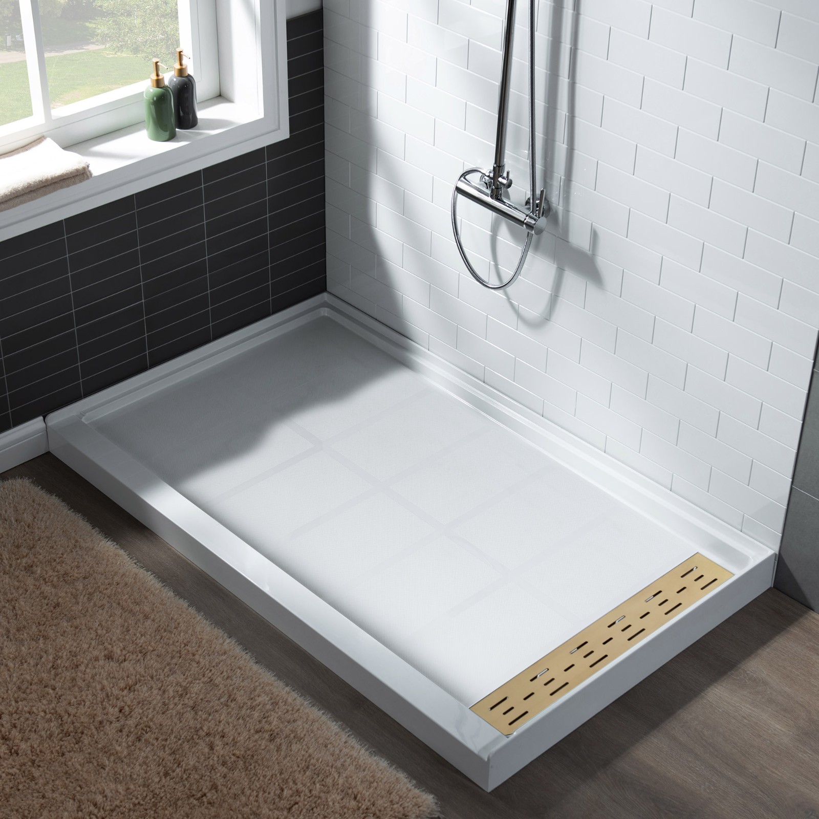  WOODBRIDGE SBR4836-1000R-BG SolidSurface Shower Base with Recessed Trench Side Including Brushed Gold Linear Cover, 48