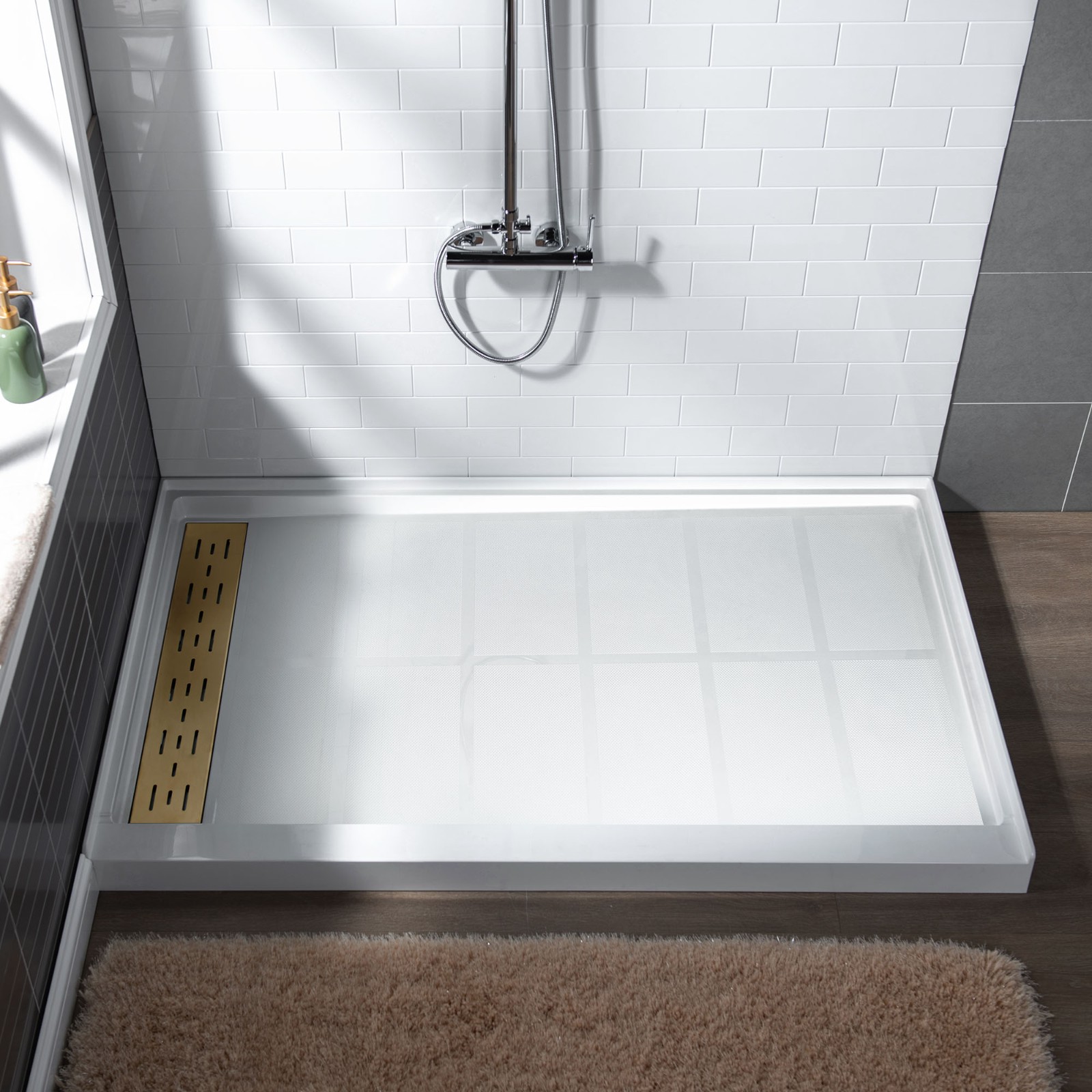  WOODBRIDGE SBR6030-1000L-BG SolidSurface Shower Base with Recessed Trench Side Including Brushed Gold Linear Cover, 60