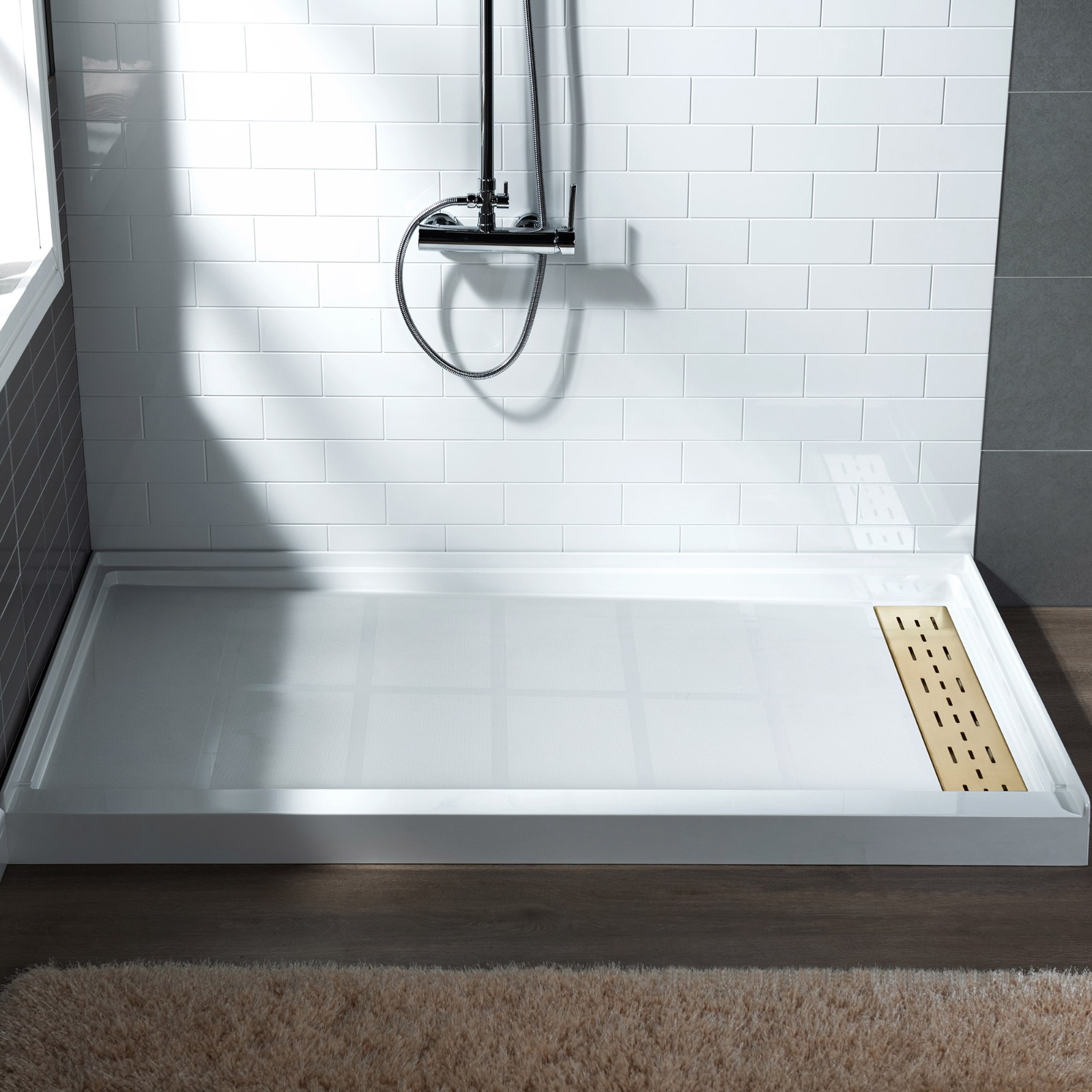 WOODBRIDGE SBR6030-1000R-BG SolidSurface Shower Base with Recessed Trench Side Including Brushed Gold Linear Cover, 60