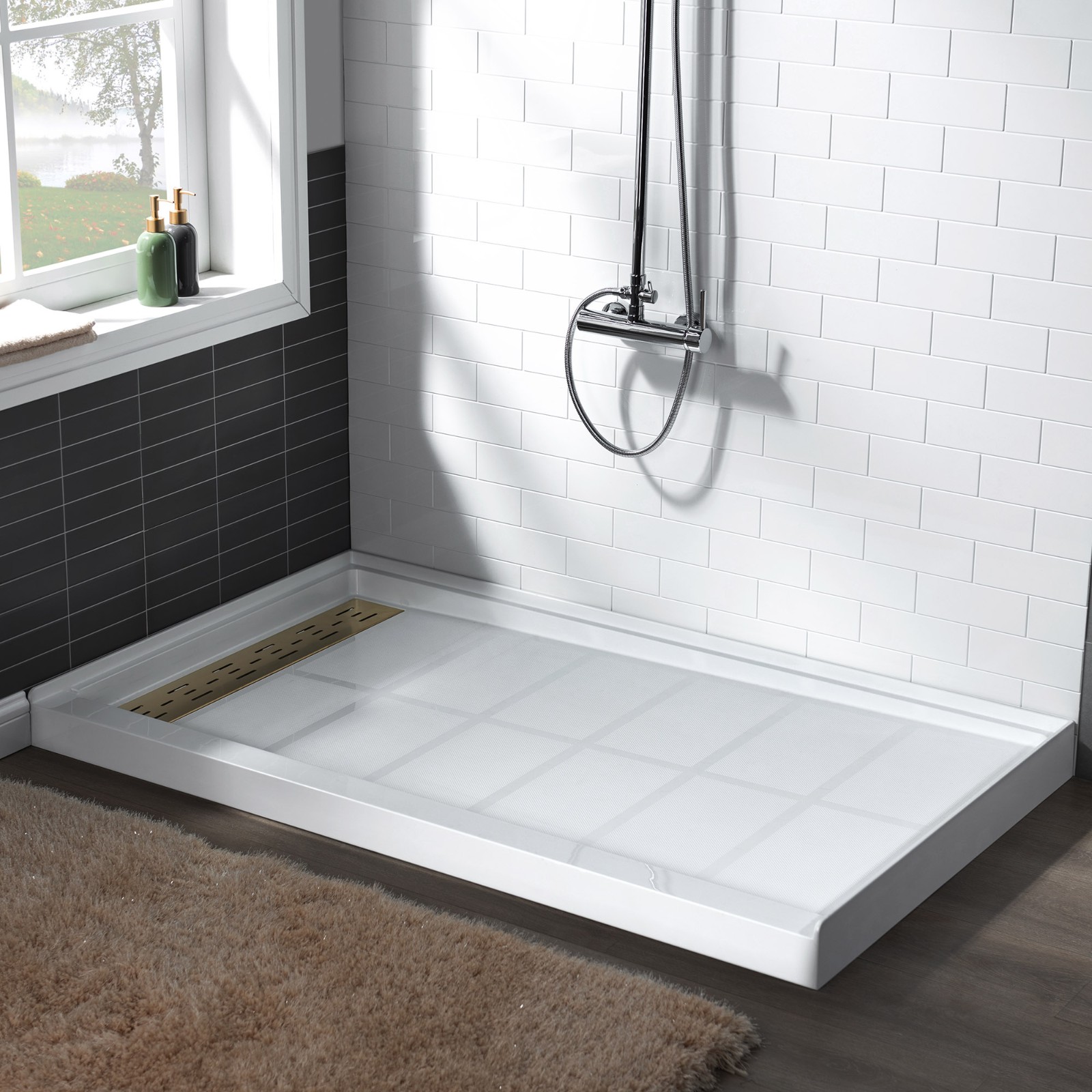  WOODBRIDGE SBR6032-1000L-BG SolidSurface Shower Base with Recessed Trench Side Including Brushed Gold Linear Cover, 60