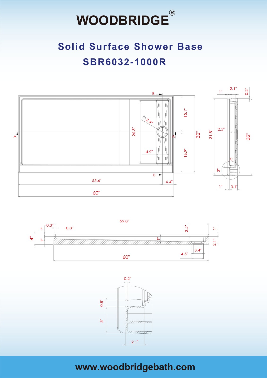  WOODBRIDGE SBR6032-1000R-BG SolidSurface Shower Base with Recessed Trench Side Including Brushed Gold Linear Cover, 60