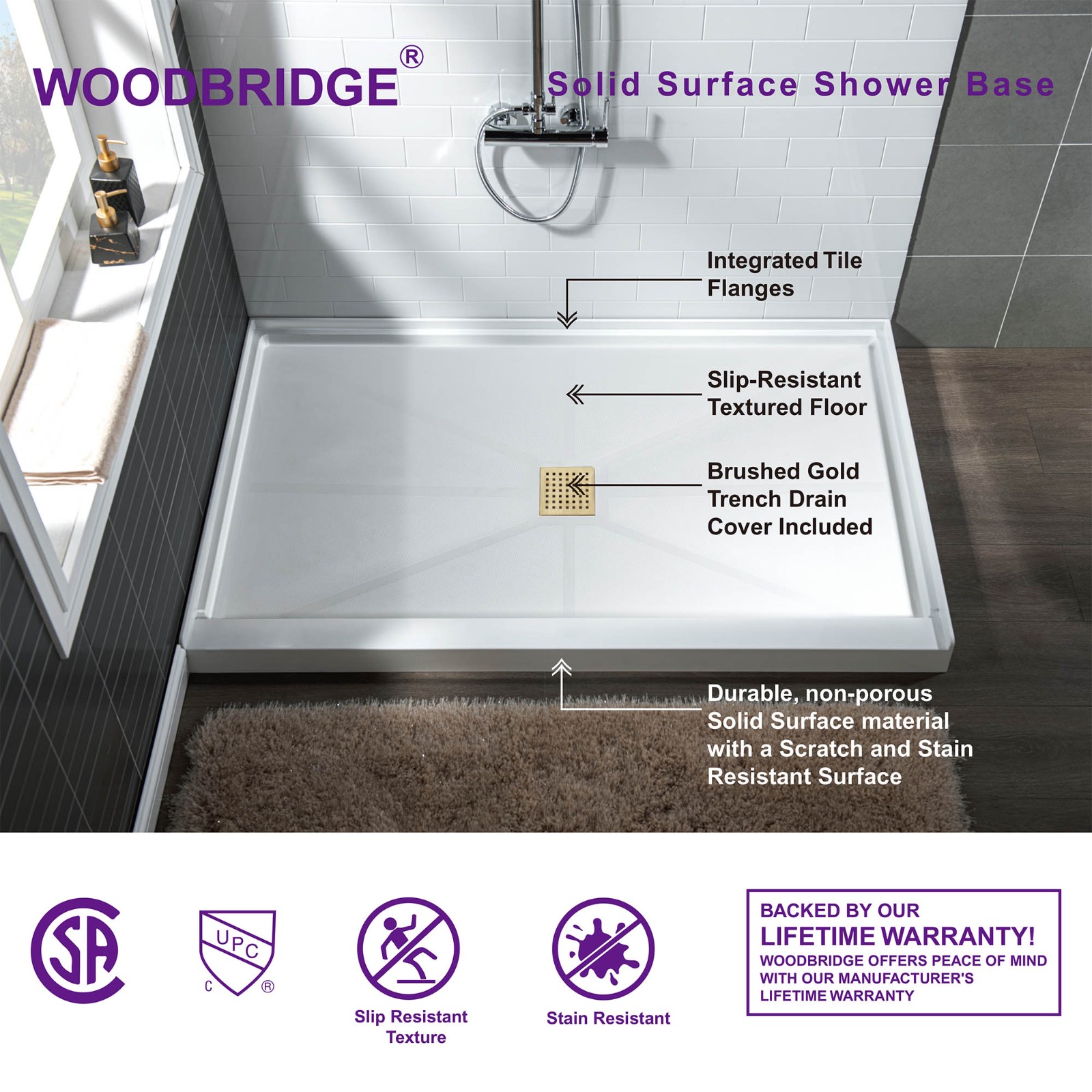  WOODBRIDGE SBR6036-1000C-BG SolidSurface Shower Base with Recessed Trench Side Including Brushed Gold Linear Cover, 60