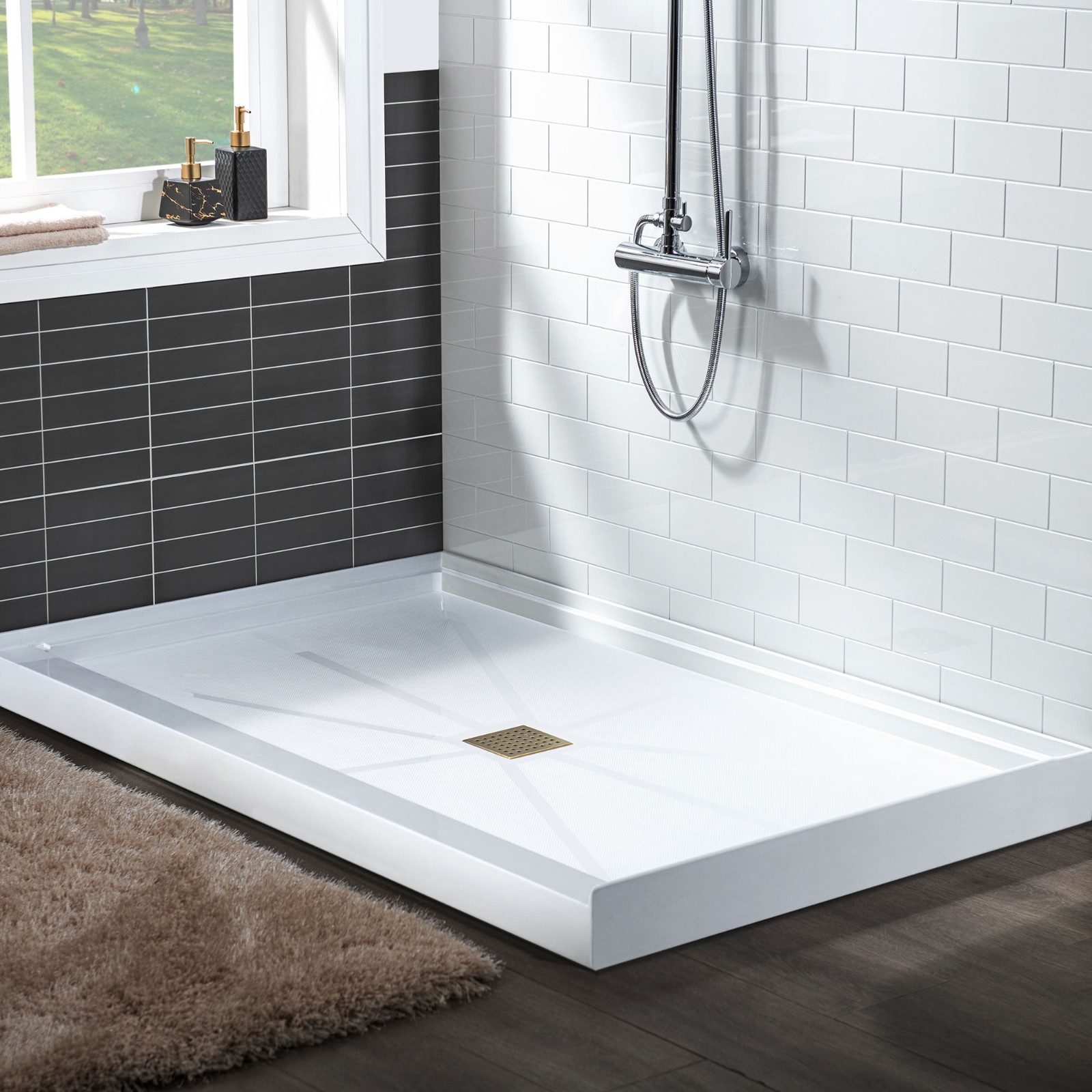  WOODBRIDGE SBR6034-1000C-BG SolidSurface Shower Base with Recessed Trench Side Including Brushed Gold Linear Cover, 60