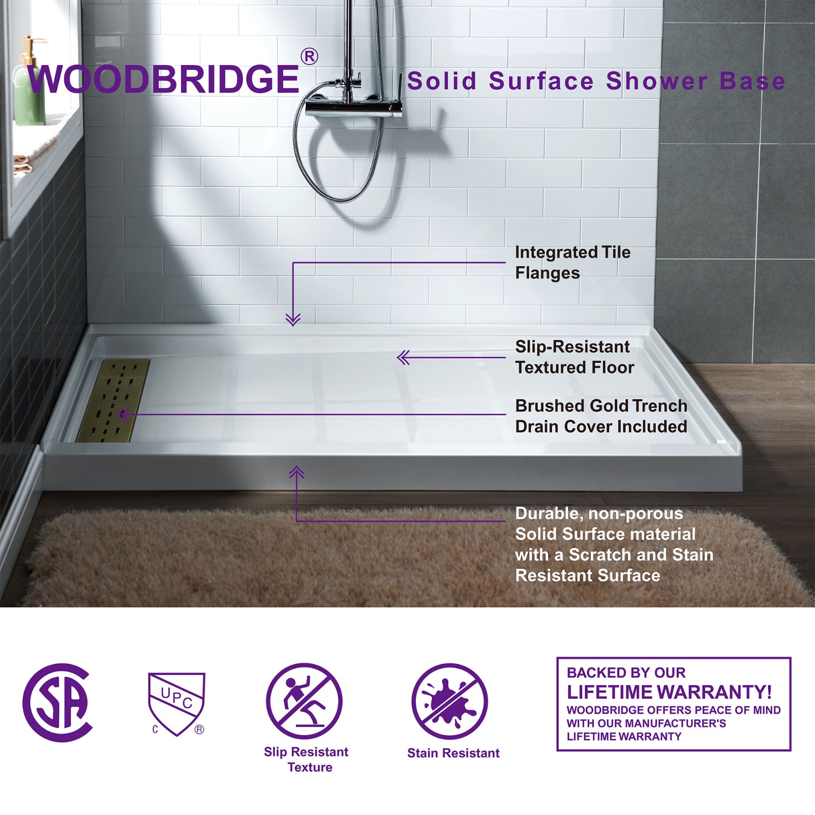  WOODBRIDGE SBR6034-1000L-BG SolidSurface Shower Base with Recessed Trench Side Including Brushed Gold Linear Cover, 60