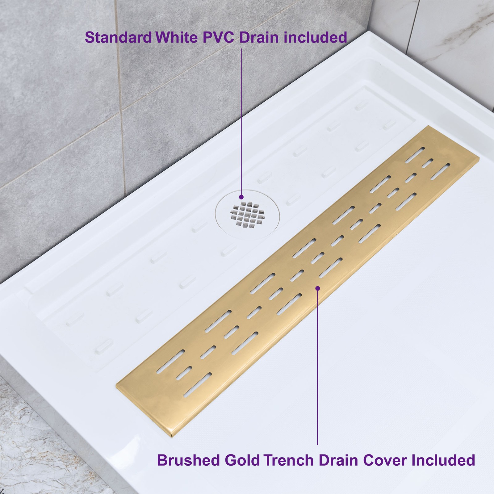 WOODBRIDGE SBR6034-1000R-BG SolidSurface Shower Base with Recessed Trench Side Including Brushed Gold Linear Cover, 60