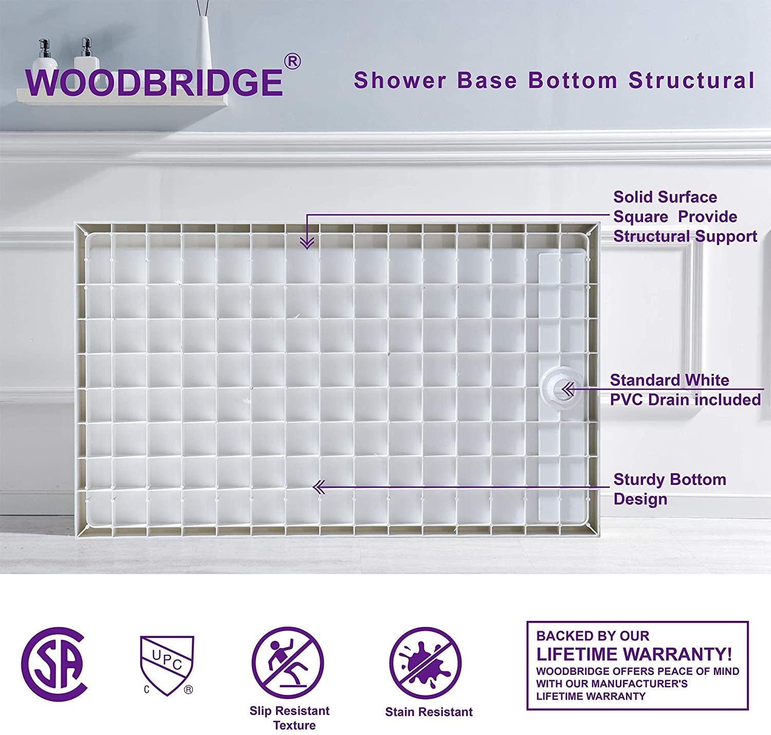  WOODBRIDGE SBR6034-1000R-BG SolidSurface Shower Base with Recessed Trench Side Including Brushed Gold Linear Cover, 60