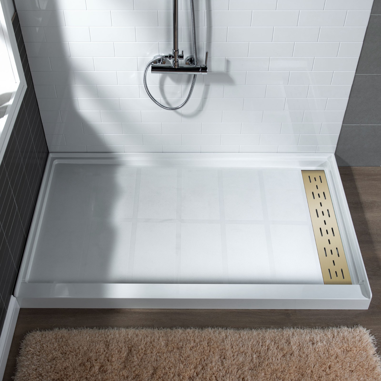  WOODBRIDGE SBR6036-1000R-BG SolidSurface Shower Base with Recessed Trench Side Including Brushed Gold Linear Cover, 60