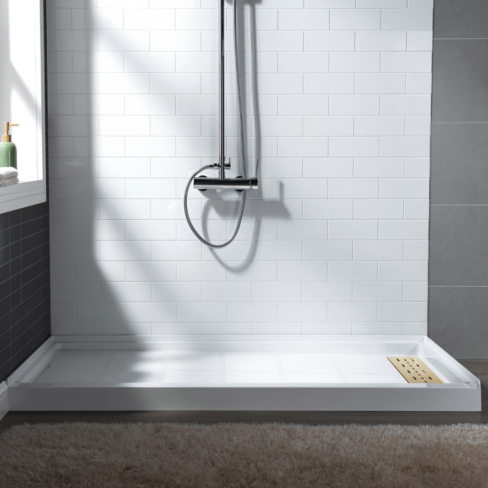  WOODBRIDGE SBR6036-1000R-BG SolidSurface Shower Base with Recessed Trench Side Including Brushed Gold Linear Cover, 60
