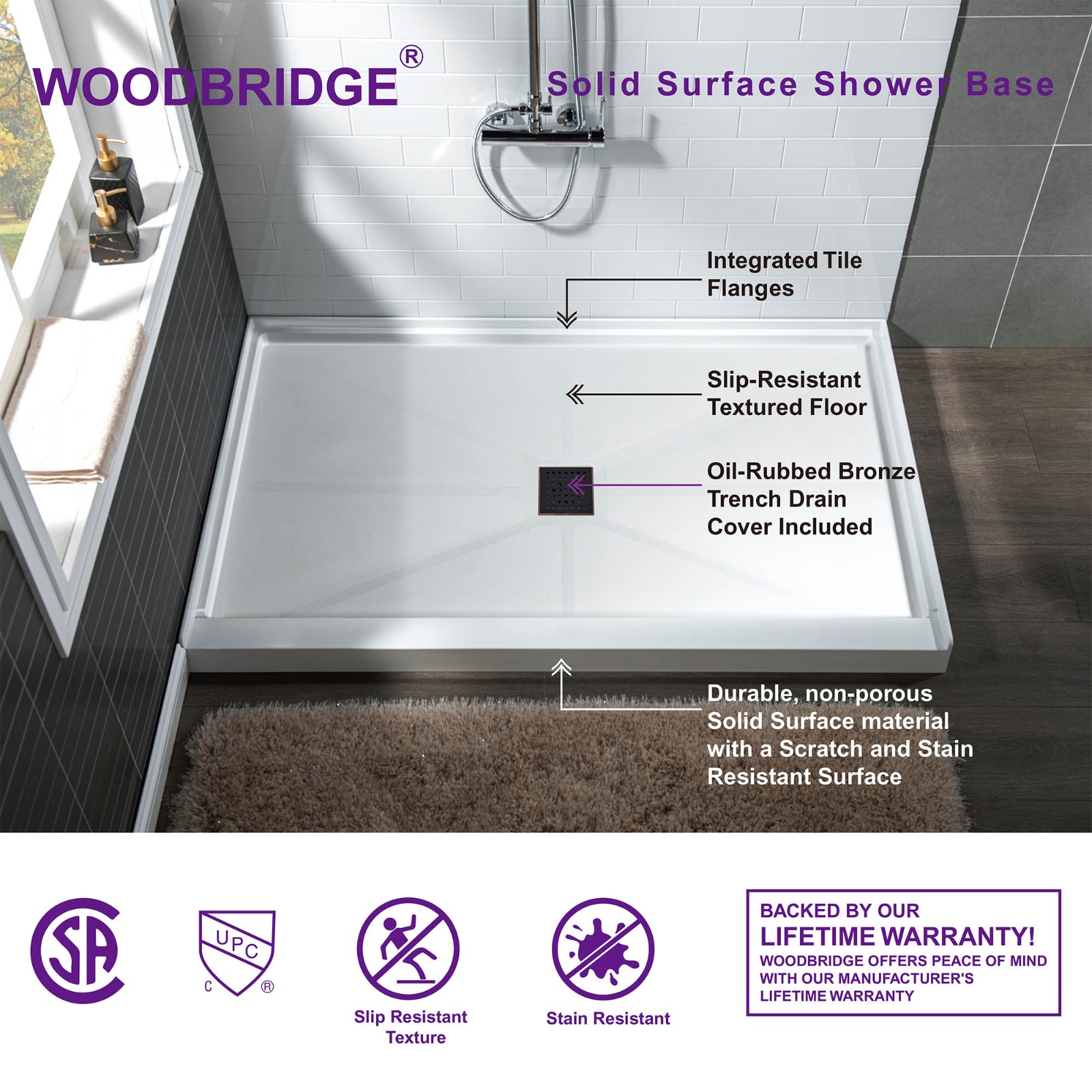  WOODBRIDGE SBR6032-1000C-ORB SolidSurface Shower Base with Recessed Trench Side Including Oil Rubbed Bronze Linear Cover, 60