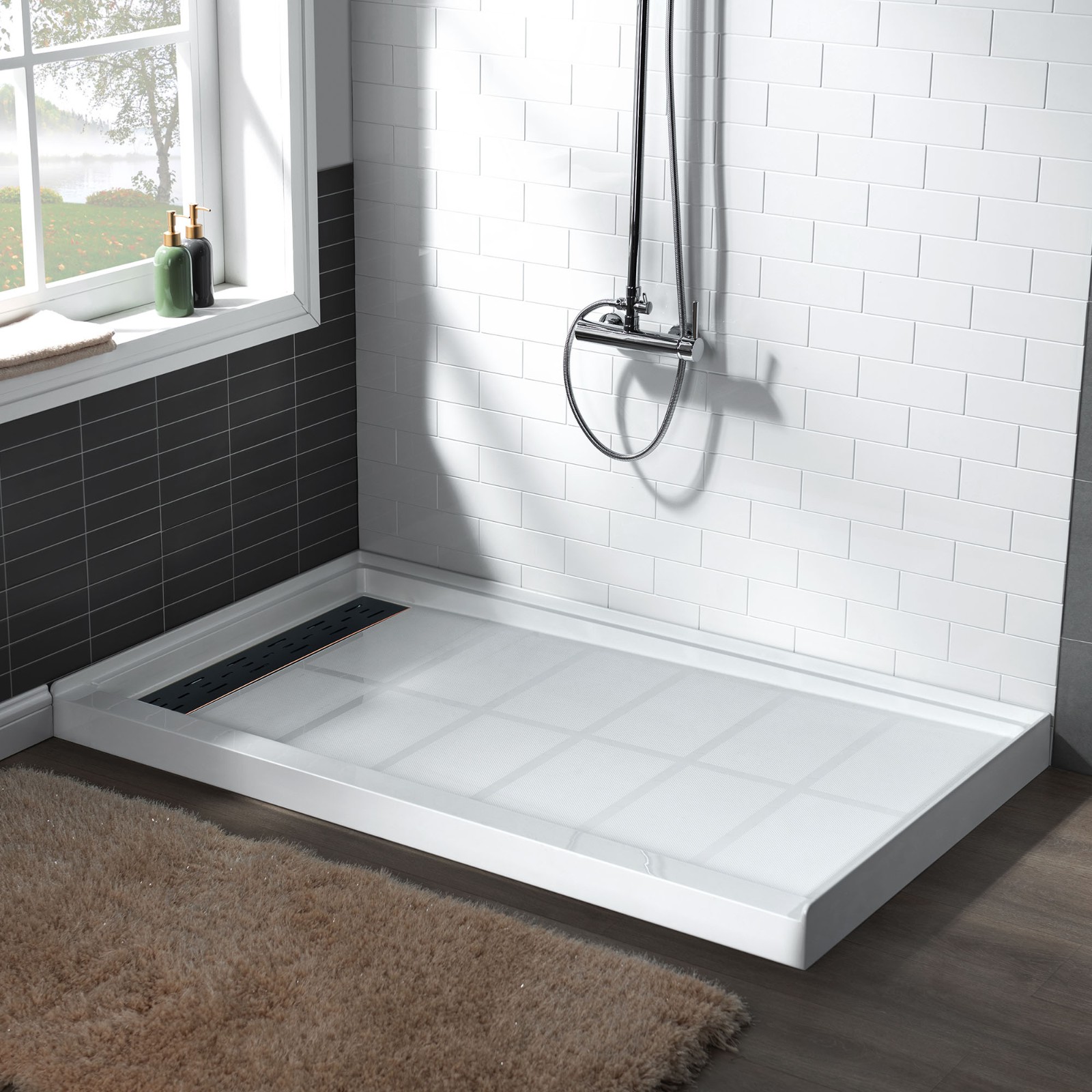  WOODBRIDGE SBR4832-1000L-ORB SolidSurface Shower Base with Recessed Trench Side Including Oil Rubbed Bronze Linear Cover, 48