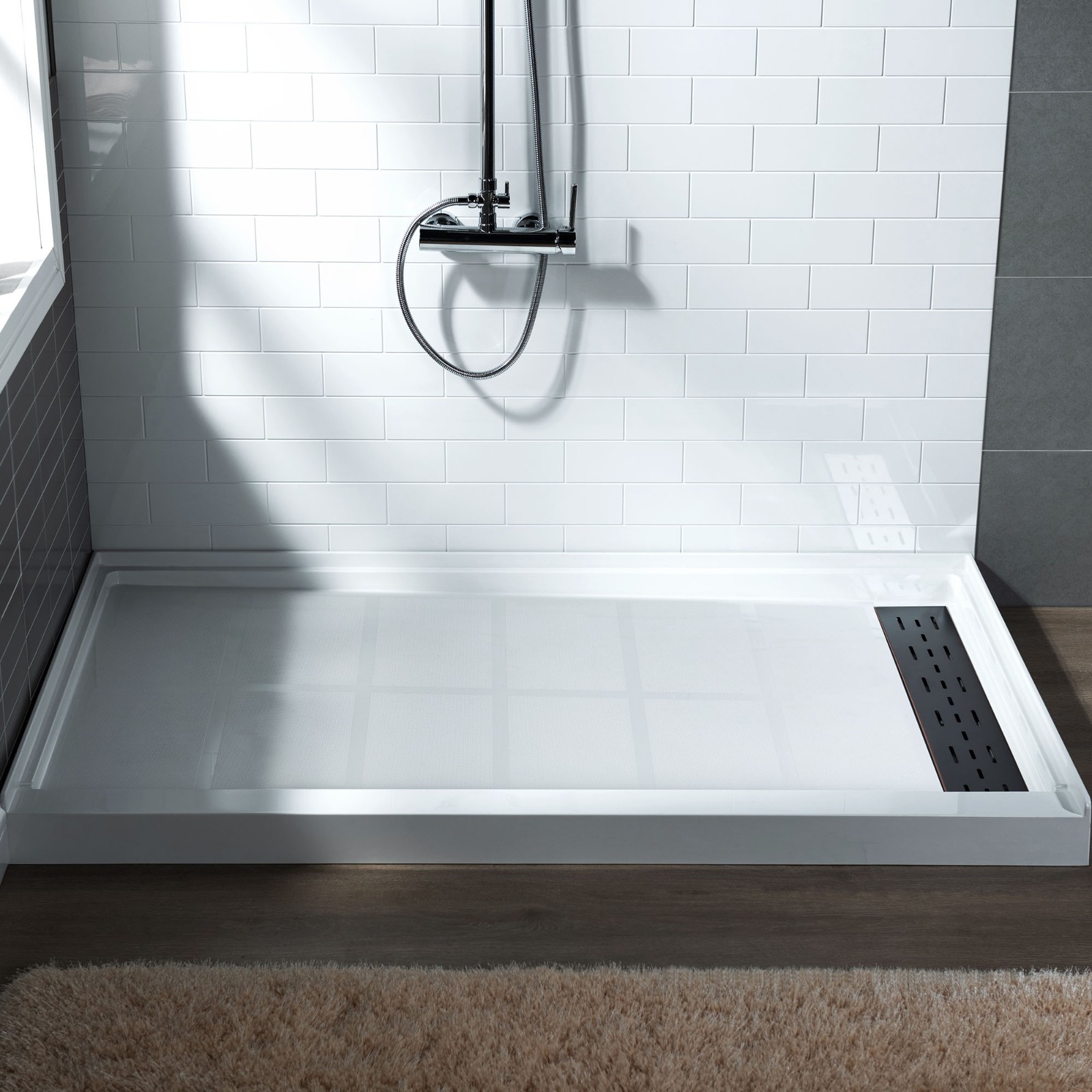  WOODBRIDGE SBR4836-1000R-ORB SolidSurface Shower Base with Recessed Trench Side Including Oil Rubbed Bronze Linear Cover, 48