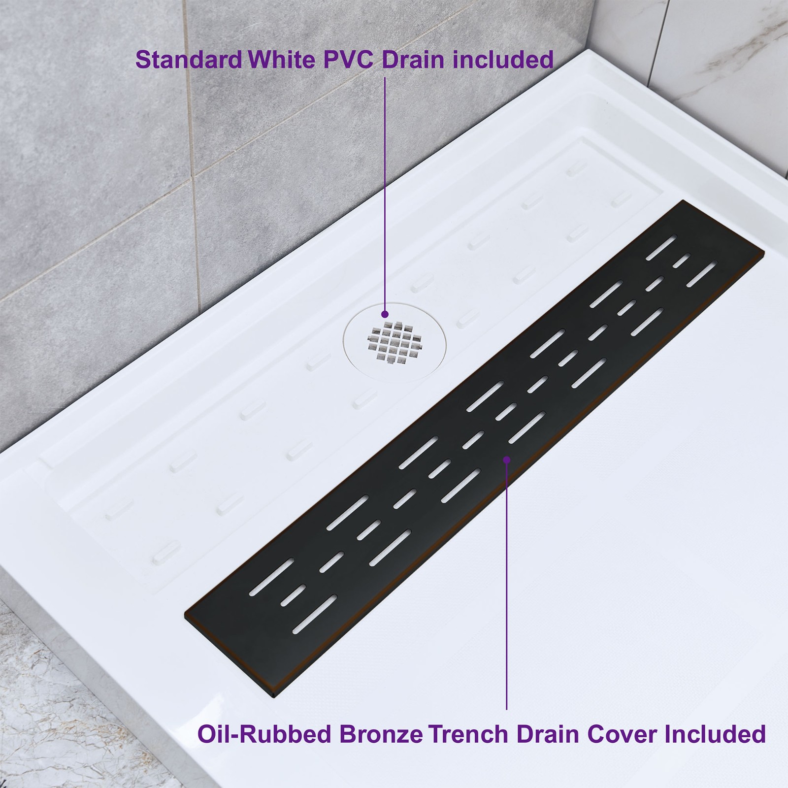  WOODBRIDGE SBR6034-1000R-ORB SolidSurface Shower Base with Recessed Trench Side Including Oil Rubbed Bronze Linear Cover, 60