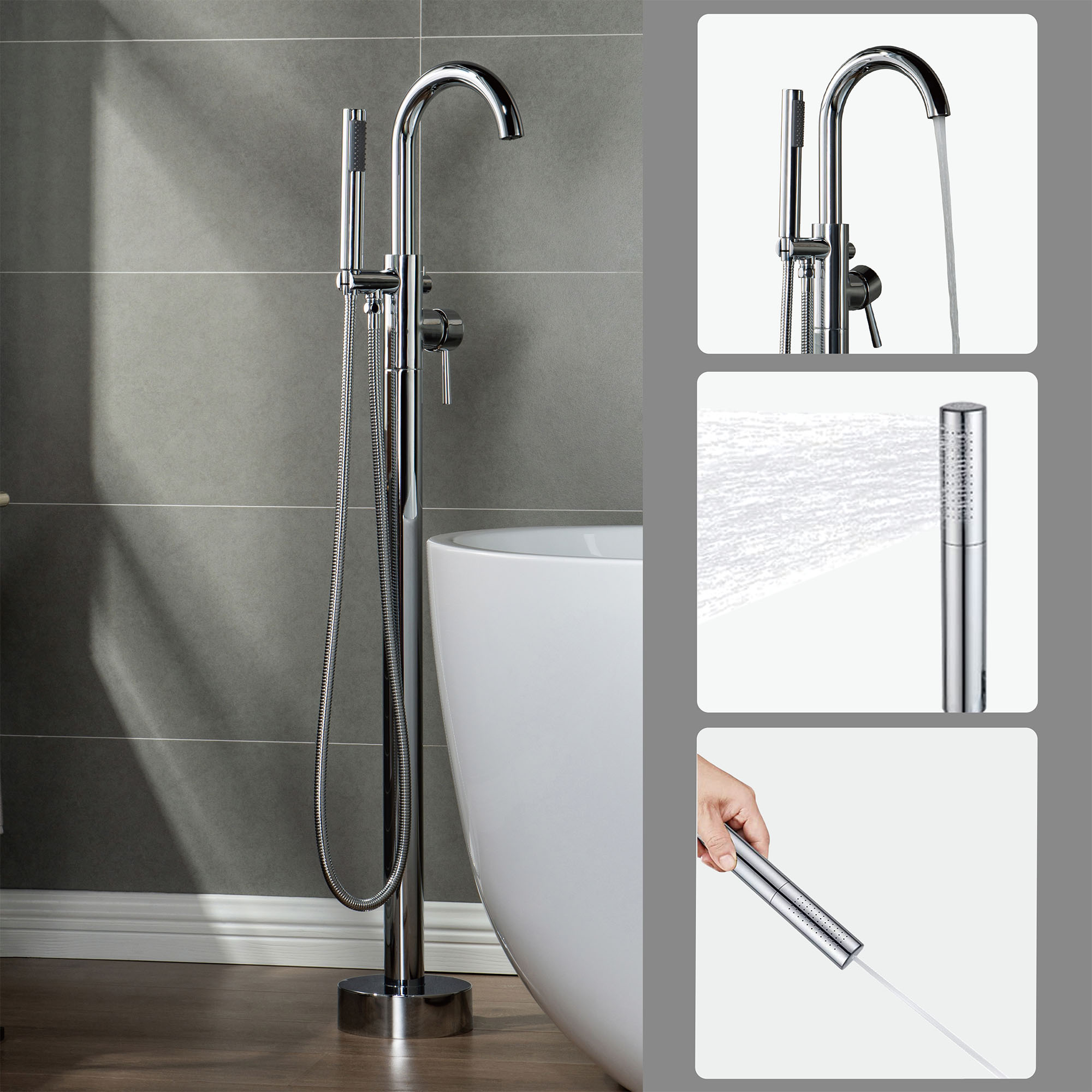 WOODBRIDGE F0002CHDR Contemporary Single Handle Floor Mount Freestanding Tub Filler Faucet with Hand shower in Chrome Finish.