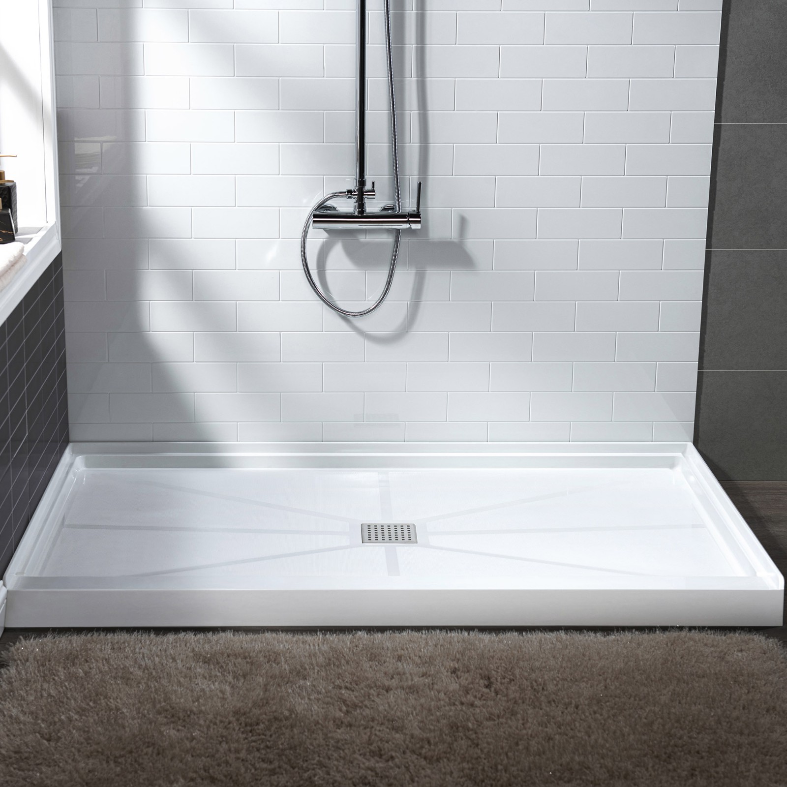  WOODBRIDGE SBR4836-1000C Solid Surface Shower Base with Recessed Trench Side Including Stainless Steel Linear Cover, 48