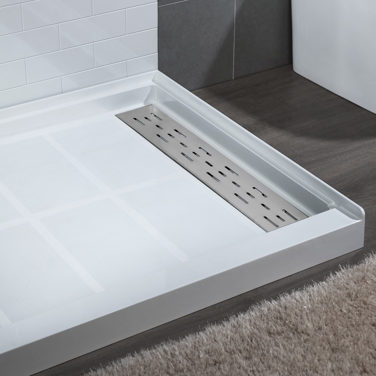  WOODBRIDGE SBR4836-1000R Solid Surface Shower Base with Recessed Trench Side Including Stainless Steel Linear Cover, 48
