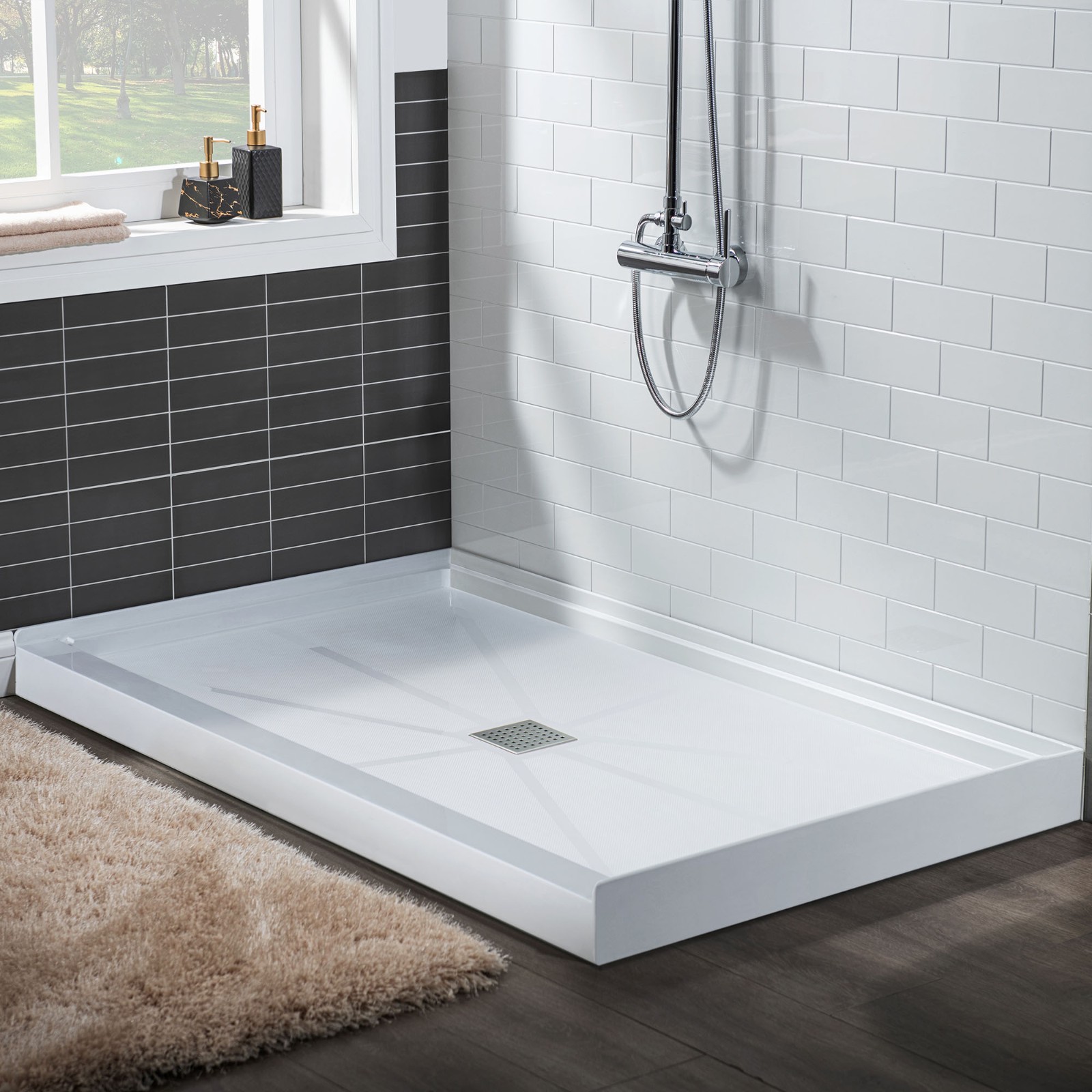  WOODBRIDGE SBR6034-1000C Solid Surface Shower Base with Recessed Trench Side Including Stainless Steel Linear Cover, 60