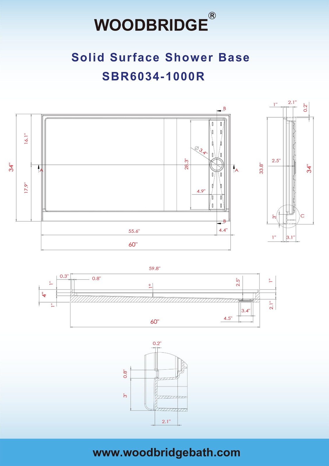  WOODBRIDGE SBR6034-1000R Solid Surface Shower Base with Recessed Trench Side Including Stainless Steel Linear Cover, 60