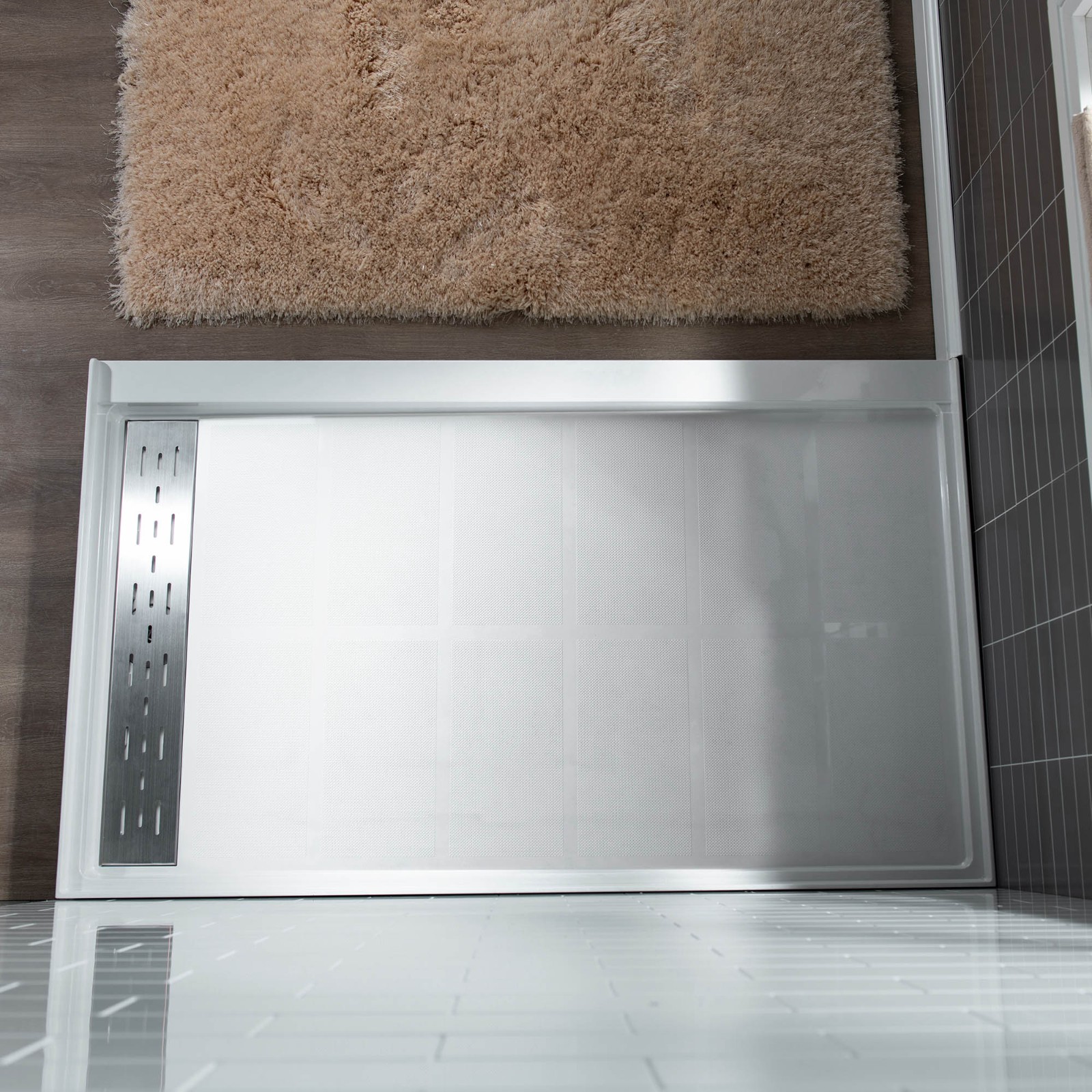  WOODBRIDGE SBR6036-1000L Solid Surface Shower Base with Recessed Trench Side Including Stainless Steel Linear Cover, 60