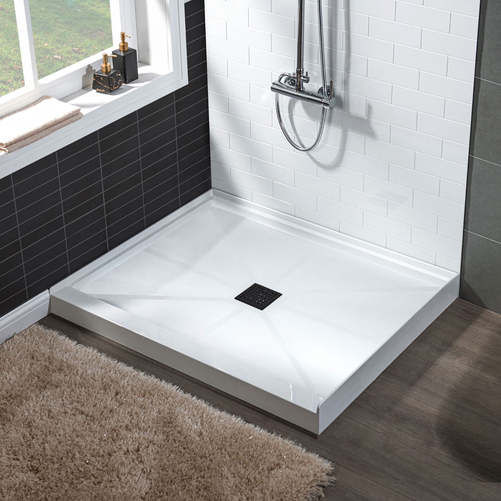  WOODBRIDGE SBR3636-1000C-MB SolidSurface Shower Base with Recessed Trench Side Including Matte Black Linear Cover, 36