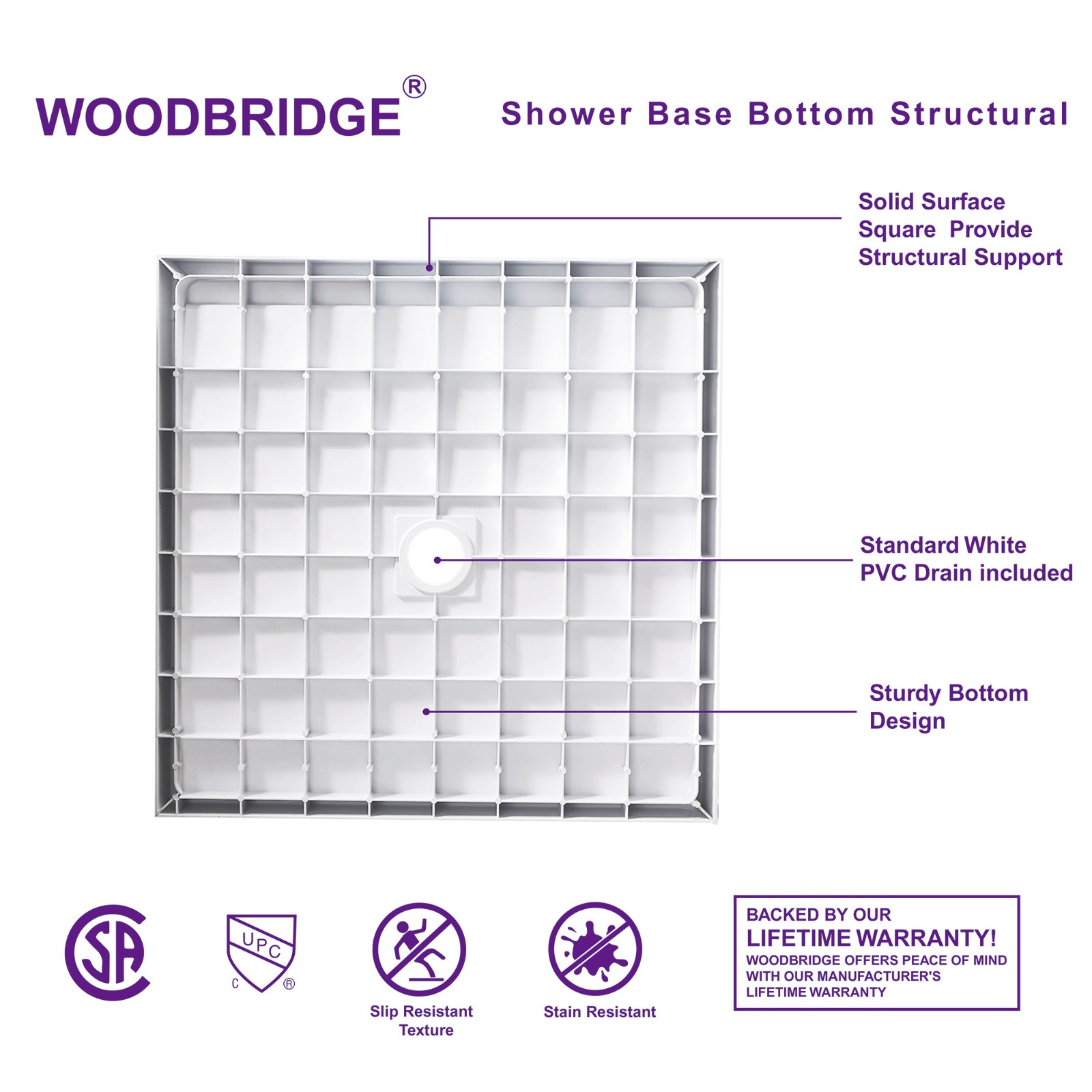  WOODBRIDGE SBR3636-1000C-MB SolidSurface Shower Base with Recessed Trench Side Including Matte Black Linear Cover, 36