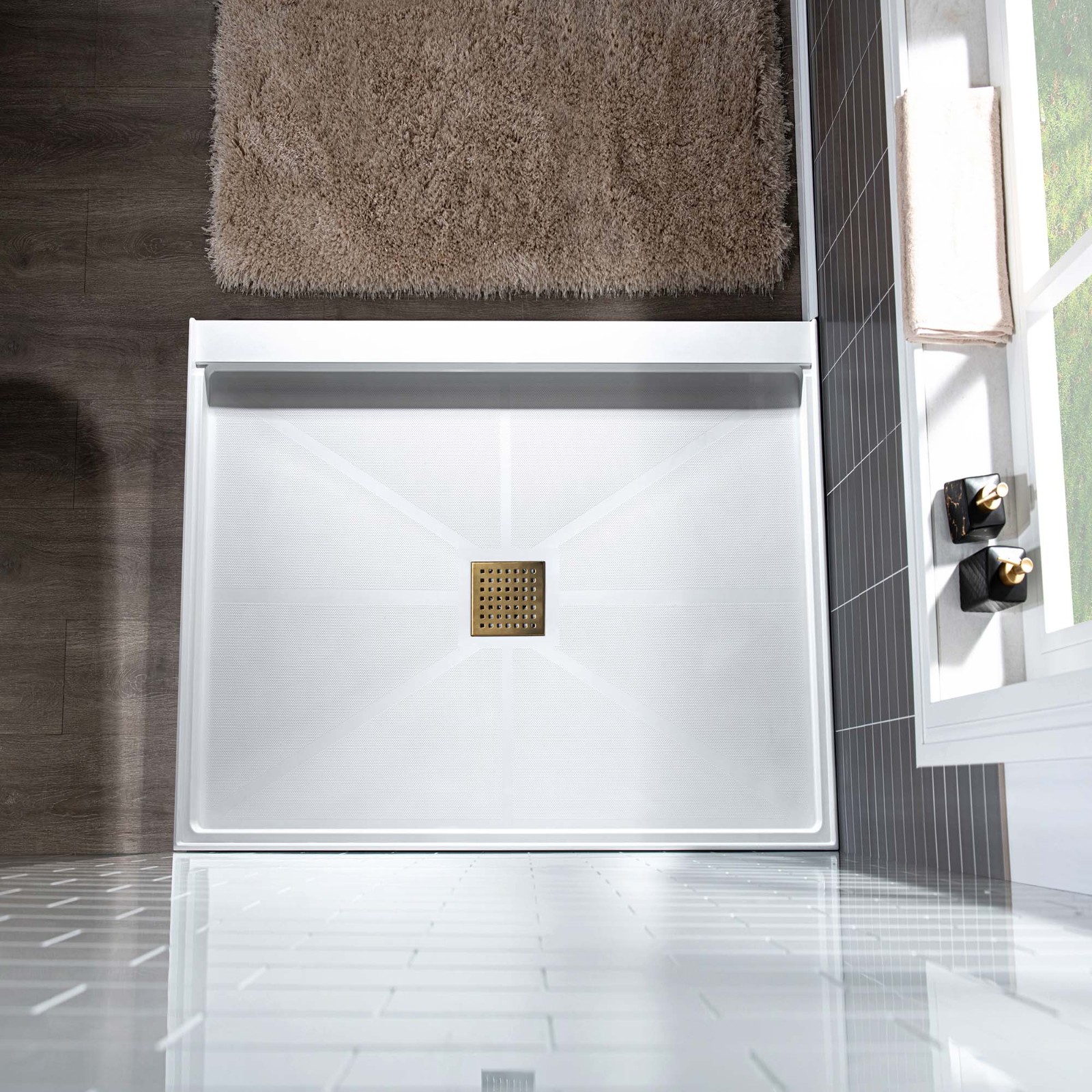  WOODBRIDGE SBR3636-1000C-BG SolidSurface Shower Base with Recessed Trench Side Including Brushed Gold Linear Cover, 36