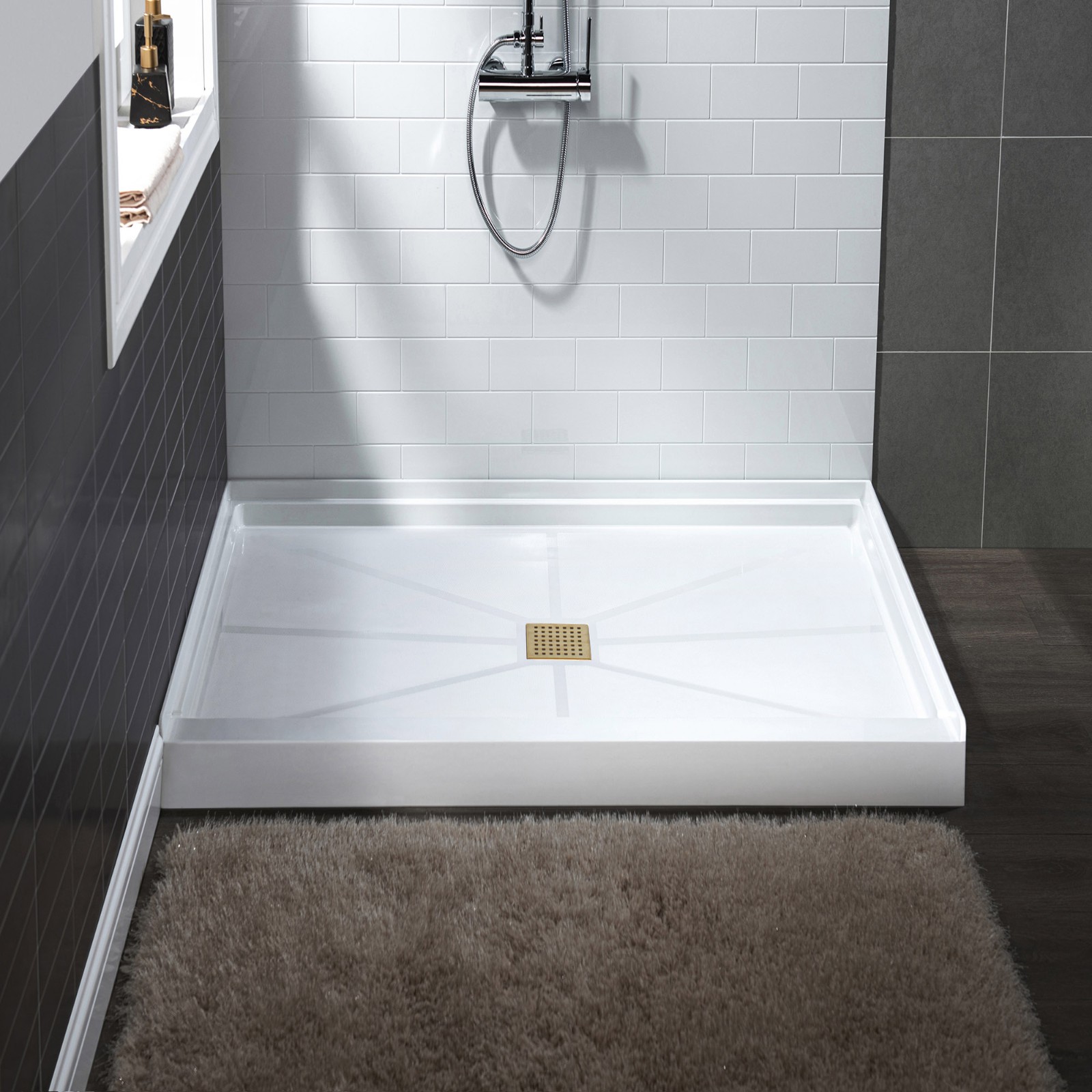  WOODBRIDGE SBR3636-1000C-BG SolidSurface Shower Base with Recessed Trench Side Including Brushed Gold Linear Cover, 36