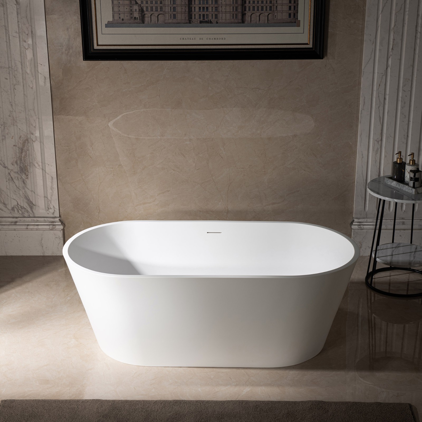  WOODBRIDGE 59 in. x 29 in. Luxury Contemporary Solid Surface Freestanding Bathtub in Matte White_643