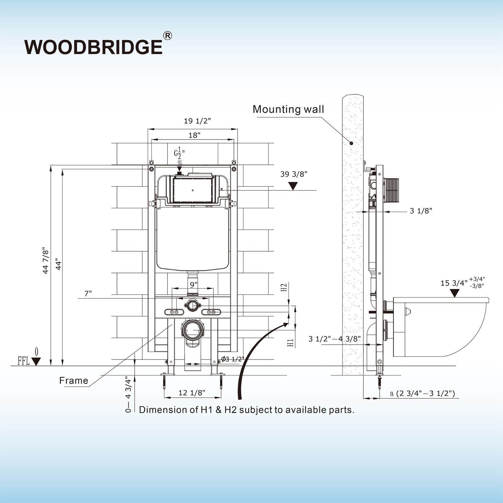  WOODBRIDGE In-Wall 0.8 GPF/1.60 GPF Dual FlusToilet Tank Carrier System for 2 x 4 stud installation, WHTA001_581