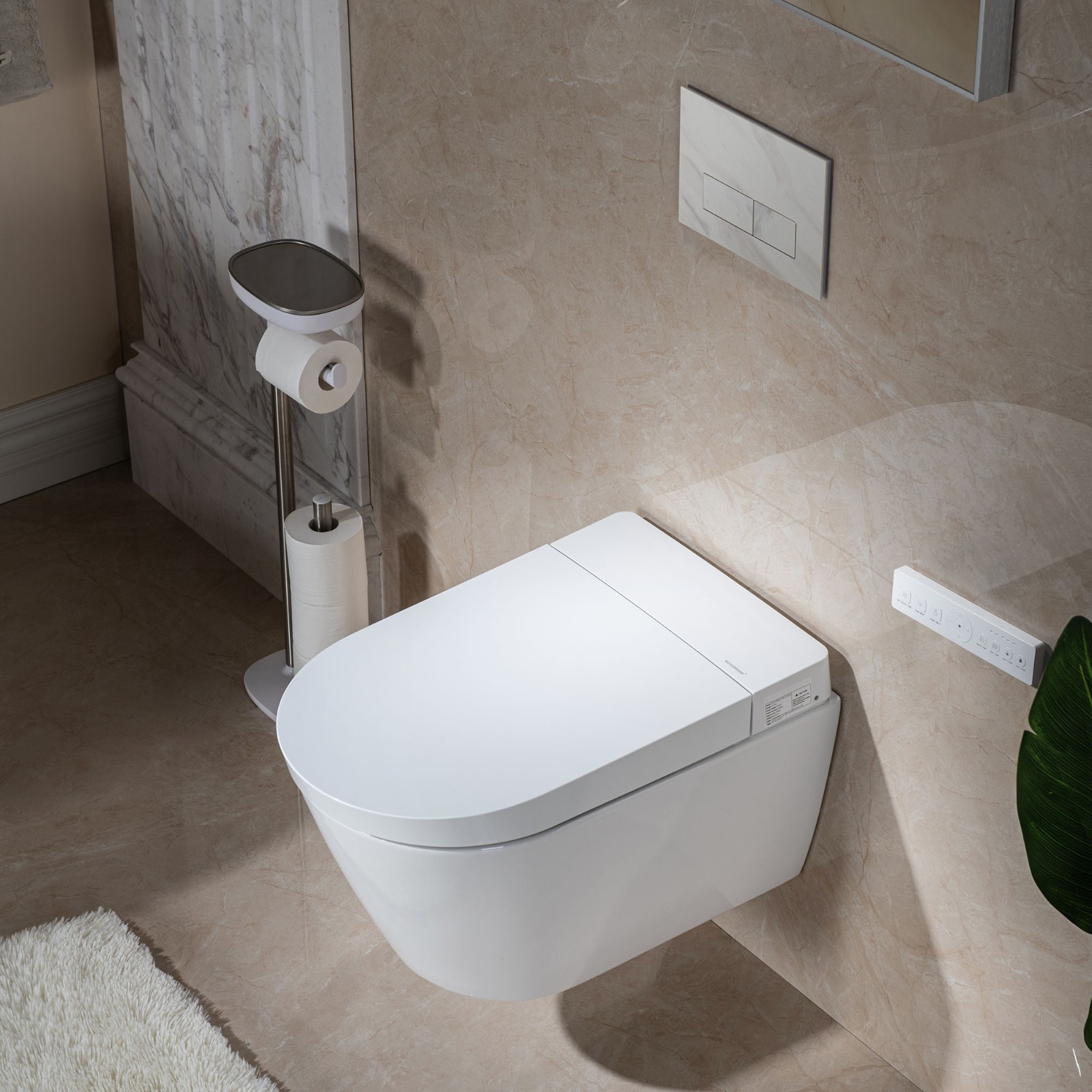  WOODBRIDGE  Intelligent Compact Elongated Dual-flush wall hung toilet with Bidet Wash Function, Heated Seat & Dryer. Matching Concealed Tank system and White Marble Stone Slim Flush Plates Included.LT611 + SWHT611+FP611-WH_546