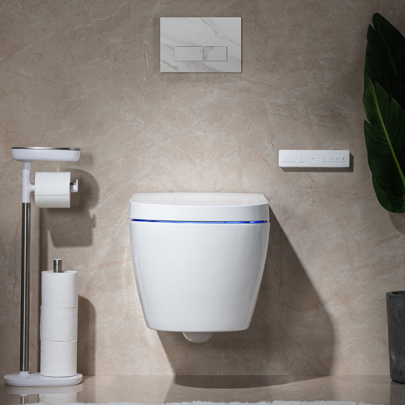  WOODBRIDGE  Intelligent Compact Elongated Dual-flush wall hung toilet with Bidet Wash Function, Heated Seat & Dryer. Matching Concealed Tank system and White Marble Stone Slim Flush Plates Included.LT611 + SWHT611+FP611-WH_545
